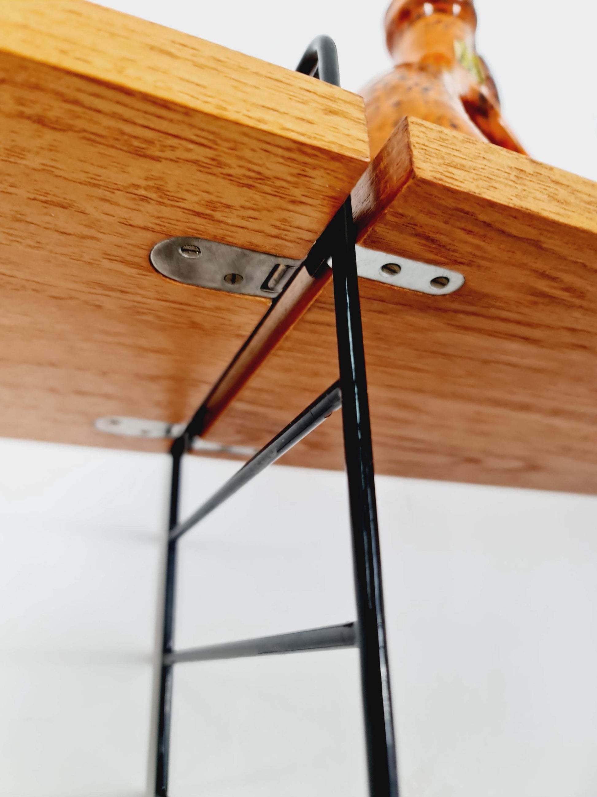Original MCM Teak shelving system - consists of Black lacquered metal ladders, from string Stockholm 1960s