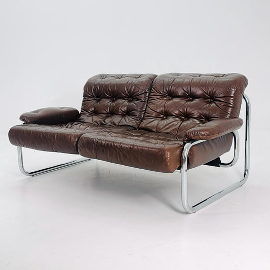 Mid century 2-Seater / tubular frame brown leather sofa "BORKUM" by Johan Bertil Häggström for Ikea 1970s