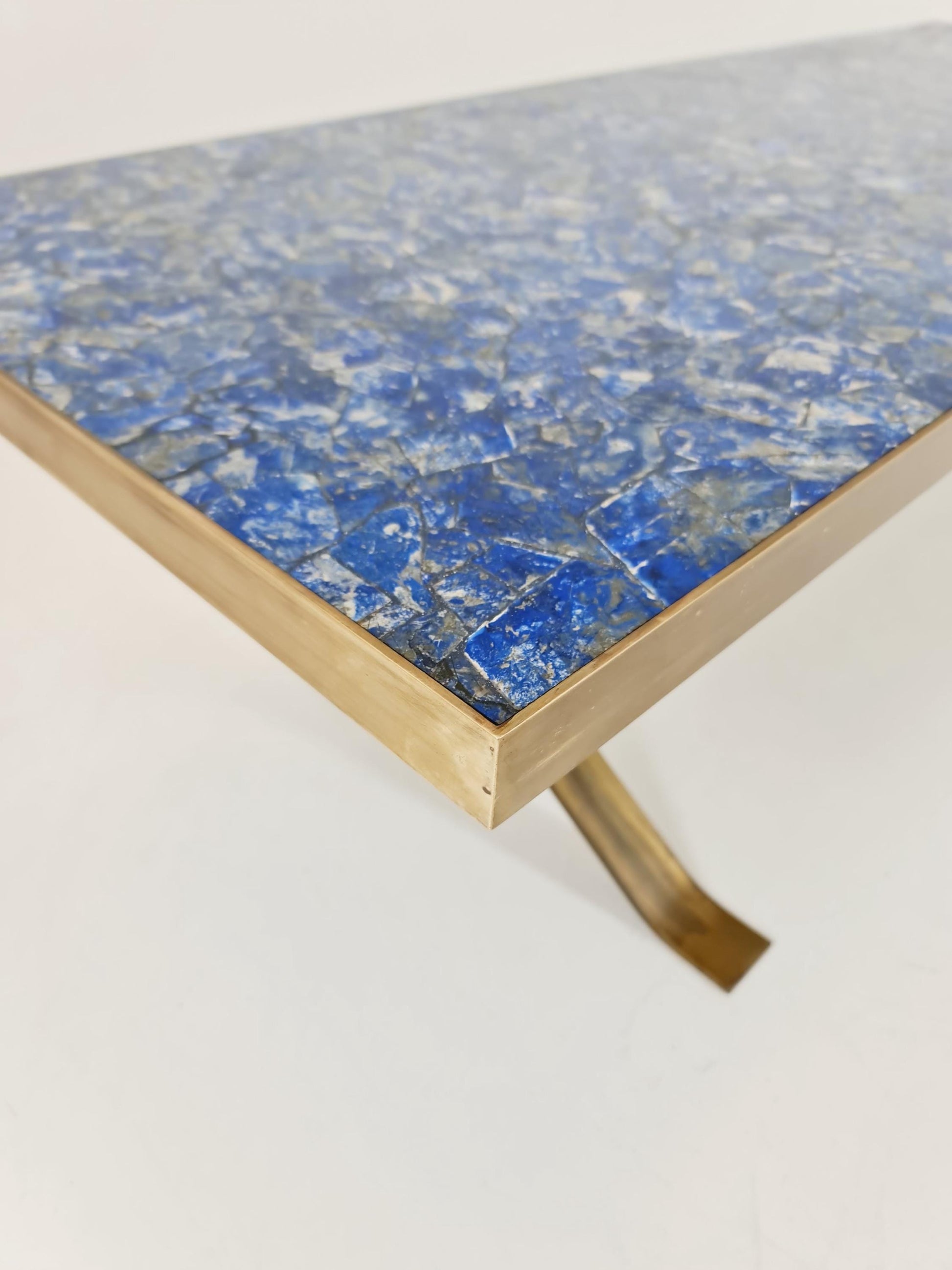 Super Rare vintage lapis Lazuli ,Brass coffee table with X legs from the 60s