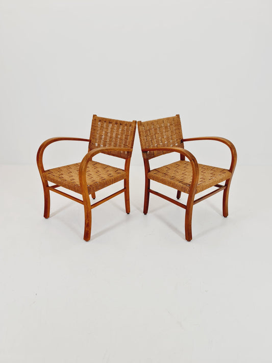 Bauhaus vintage papercord armchair by Ehrich Dieckmann, 1930s Set of 2