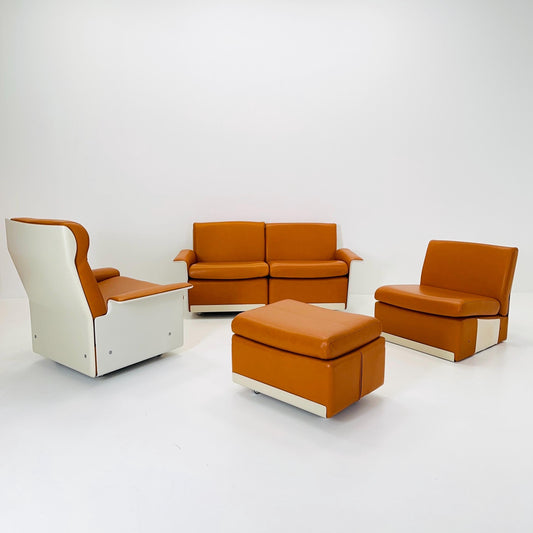 Mid-century modern cognac leather sofa set RZ62 by Dieter Rams for Vitsoe, 1960s Germany