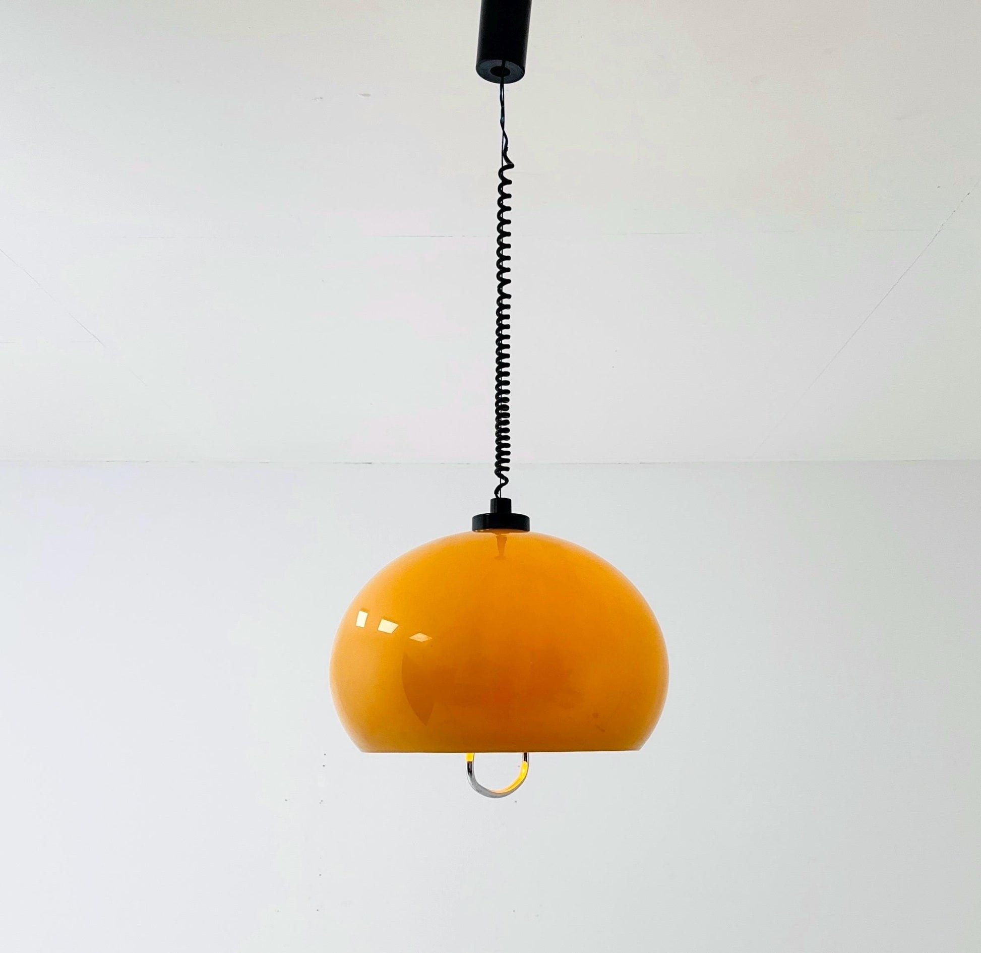 Mid century Harvey Guzzini Pendant Lamp, 1970s Italian Mid-Century Modern Dome Light in Caramel orange”