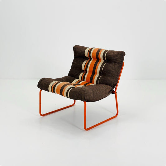 Mid-Century Pixi Lounge Chair by Gillis Lundgren for IKEA, 1970s – Retro Brown & Orange Striped Chair with Tubular Frame