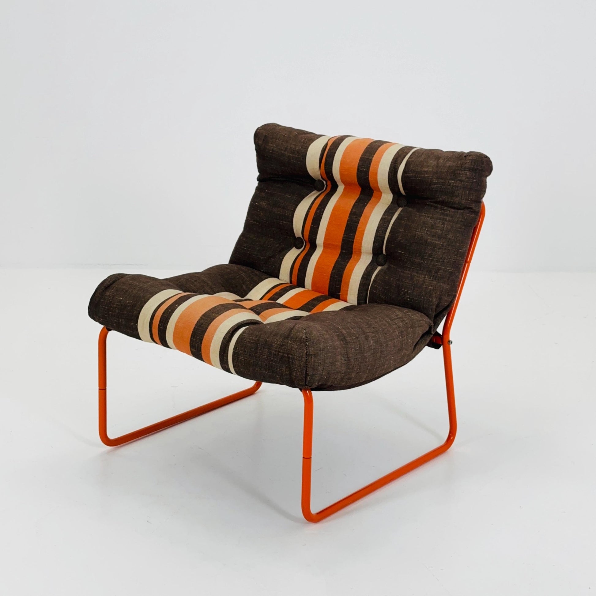 Mid-Century Pixi Lounge Chair by Gillis Lundgren for IKEA, 1970s – Retro Brown & Orange Striped Chair with Tubular Frame