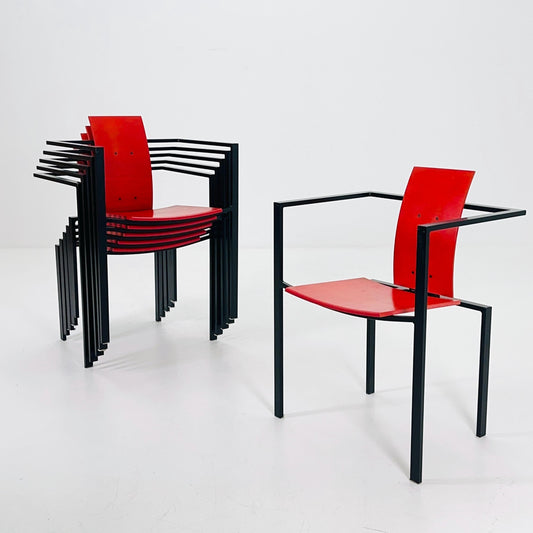 Set of 6 Postmodern Armchairs by Karl Friedrich Förster, Red Plywood & Steel, 1980s Germany