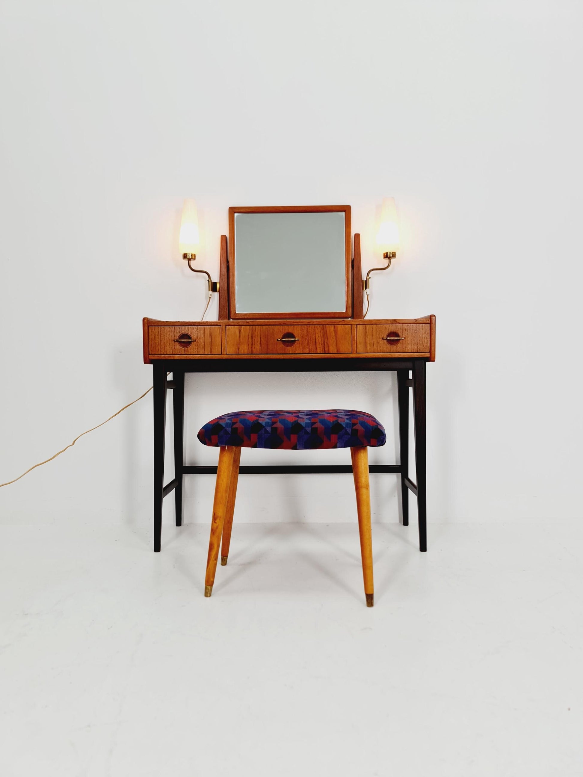 Mid Century Modern Danish Teak vanity table with stool make up table by Fröseke for AB nybrofabriken, 1960s