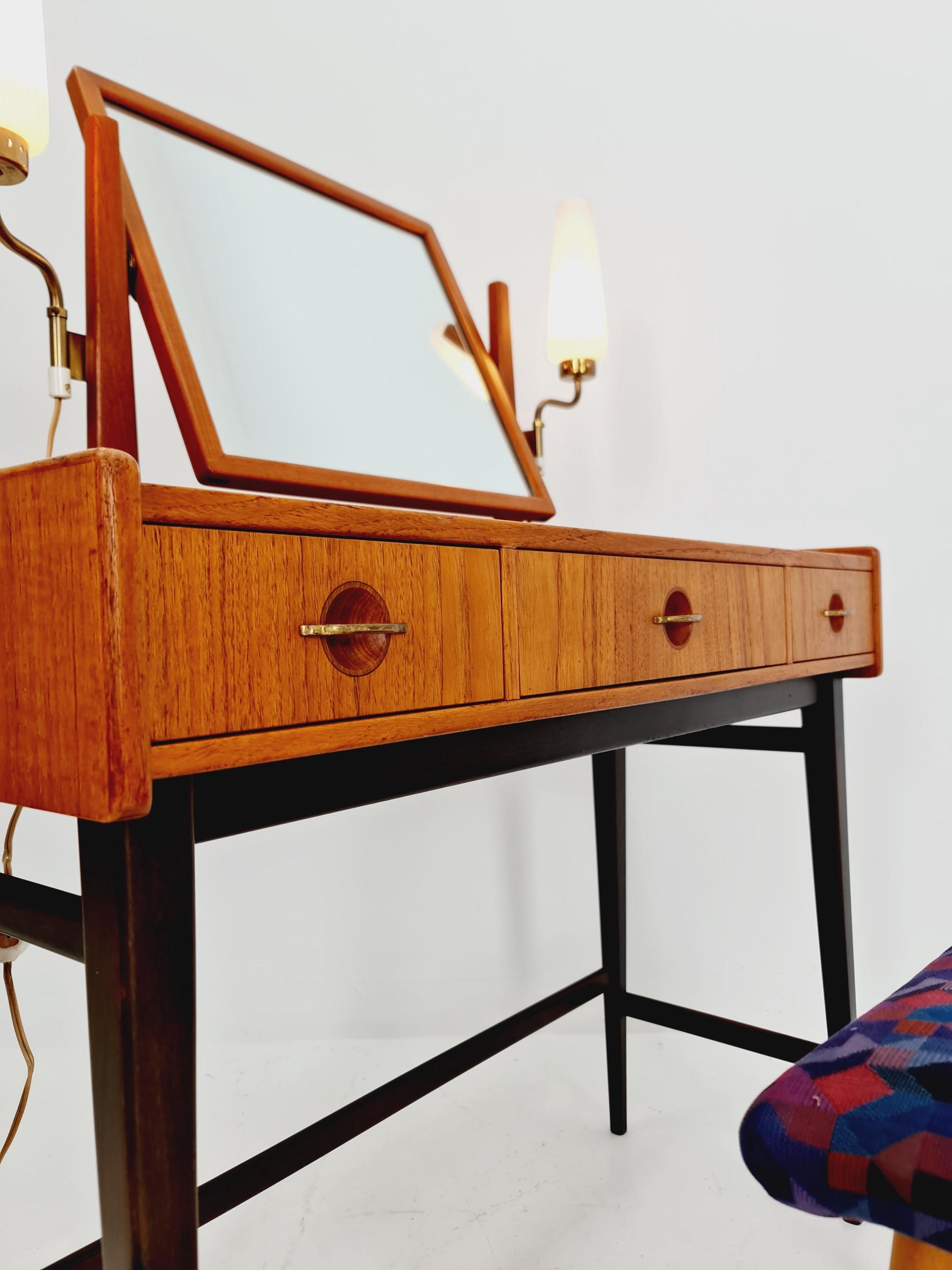 Mid Century Modern Danish Teak vanity table with stool make up table by Fröseke for AB nybrofabriken, 1960s