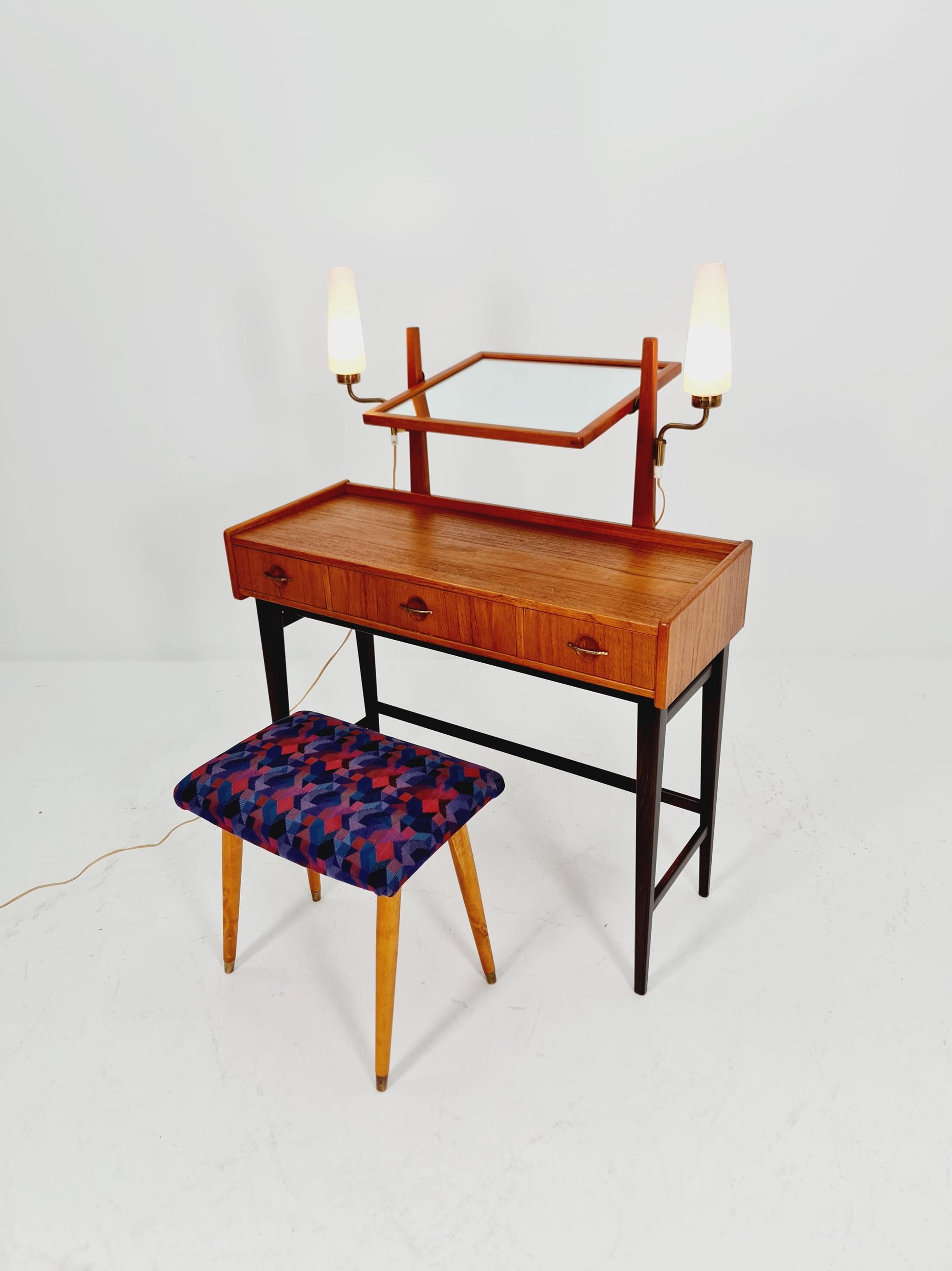 Mid Century Modern Danish Teak vanity table with stool make up table by Fröseke for AB nybrofabriken, 1960s