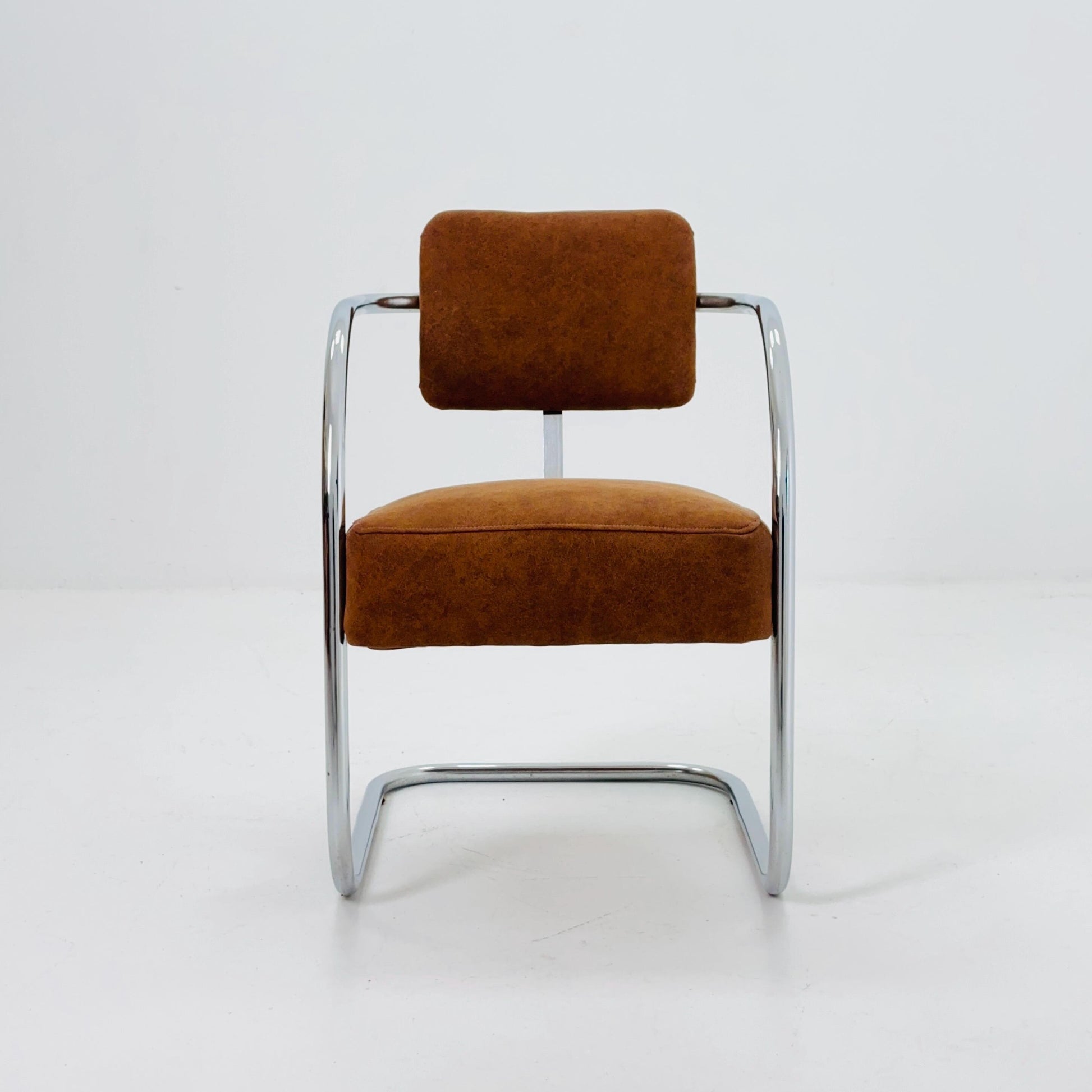 Mid-Century Bauhaus Cantilever Chair by Royal Chrome, Cognac by Manner of Hoffmann & KEM Weber USA 1950s