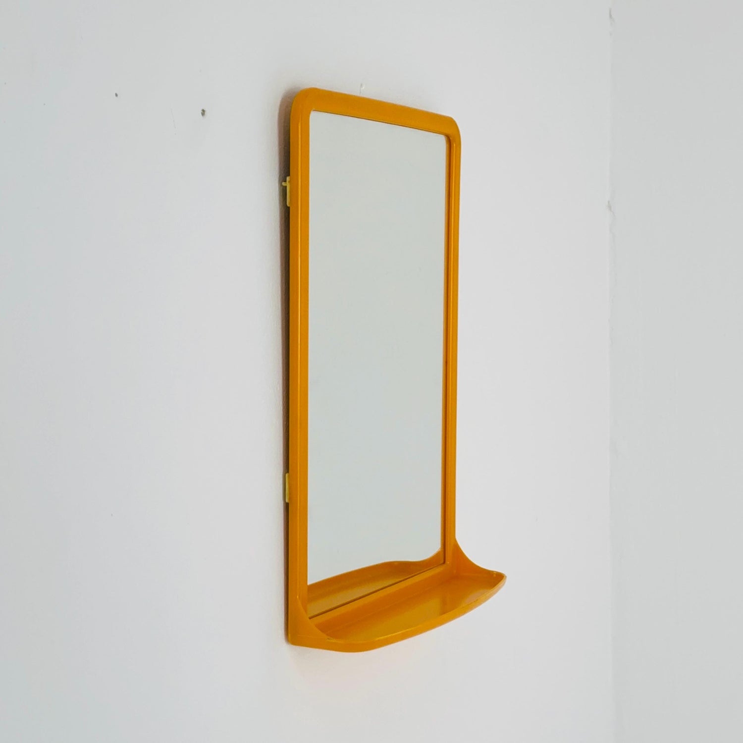 Mid Century Modern Wall Mirror with Shelf – Space Age Yellow Plastic Frame, 70s Germany