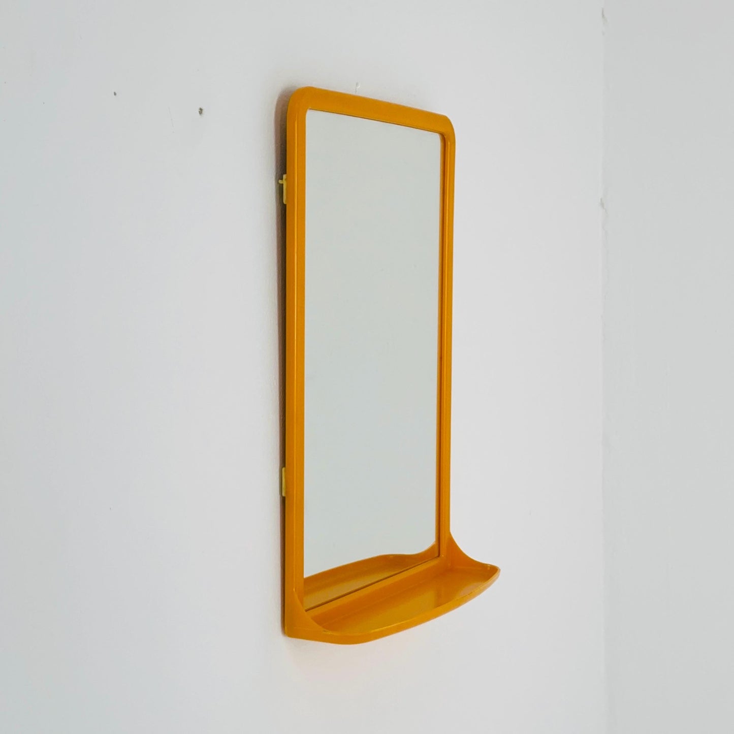 Mid Century Modern Wall Mirror with Shelf – Space Age Yellow Plastic Frame, 70s Germany