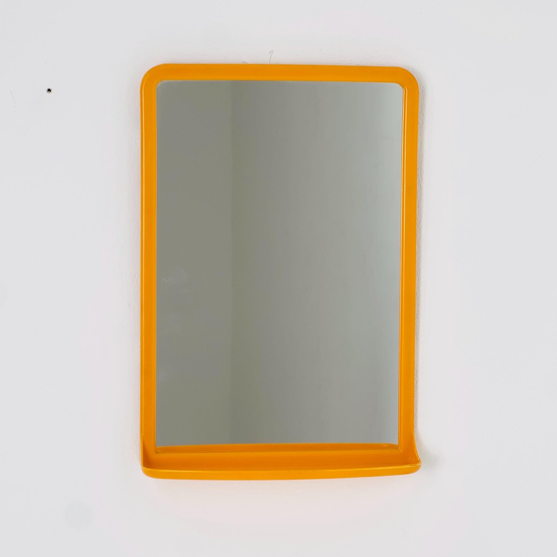 Mid Century Modern Wall Mirror with Shelf – Space Age Yellow Plastic Frame, 70s Germany