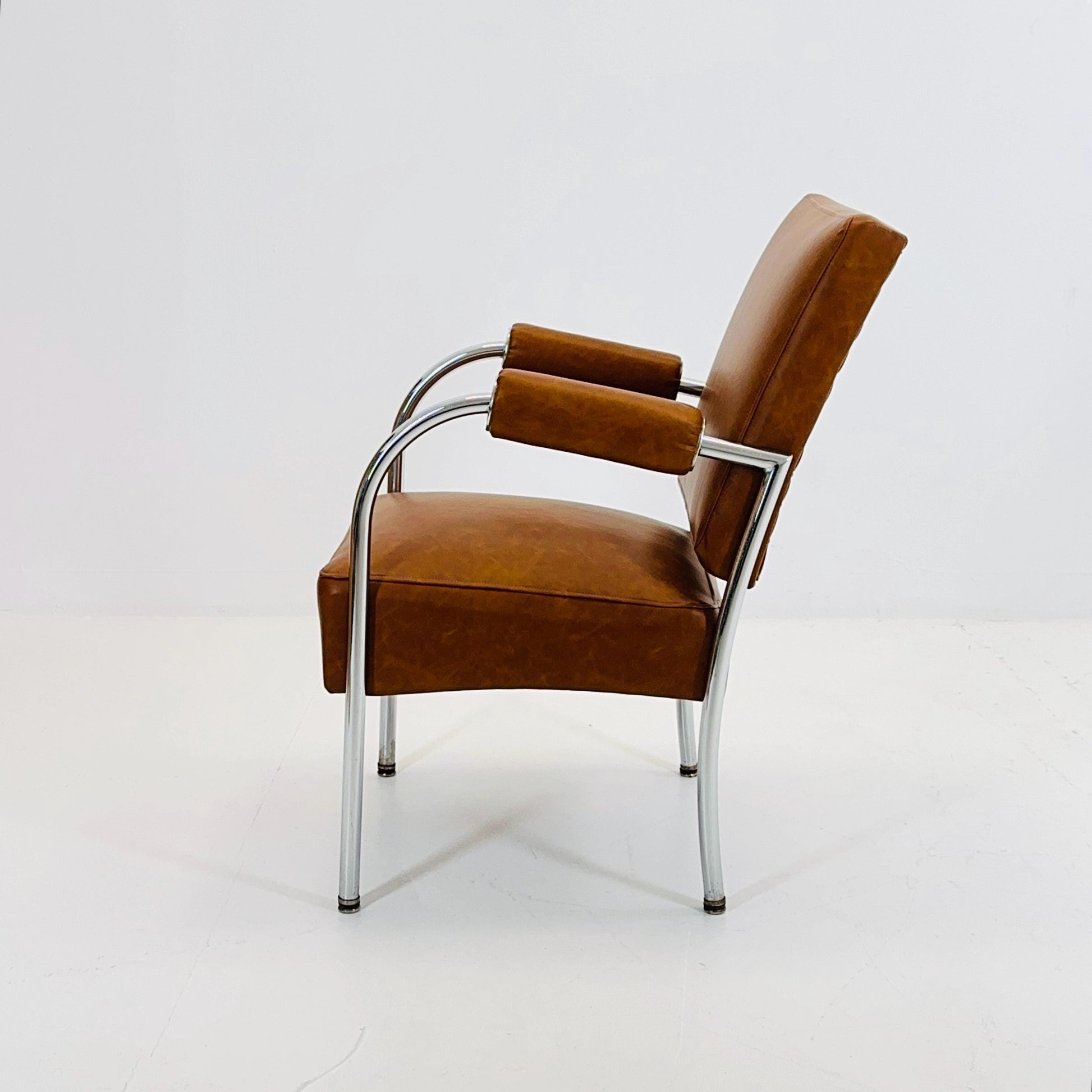 Mid-Century Bauhaus Armchair in Cognac Leather & Chrome by Mücke-Melder Czechoslovakia 1950s