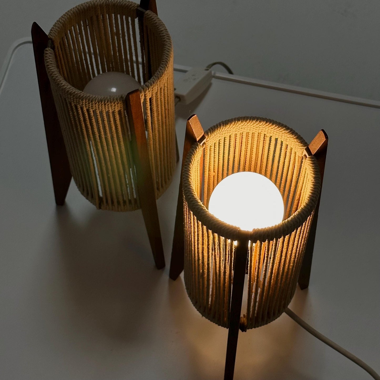 Pair of Mid-Century Danish Teak & Sisal Rocket table Lamps | Sweden 1960s