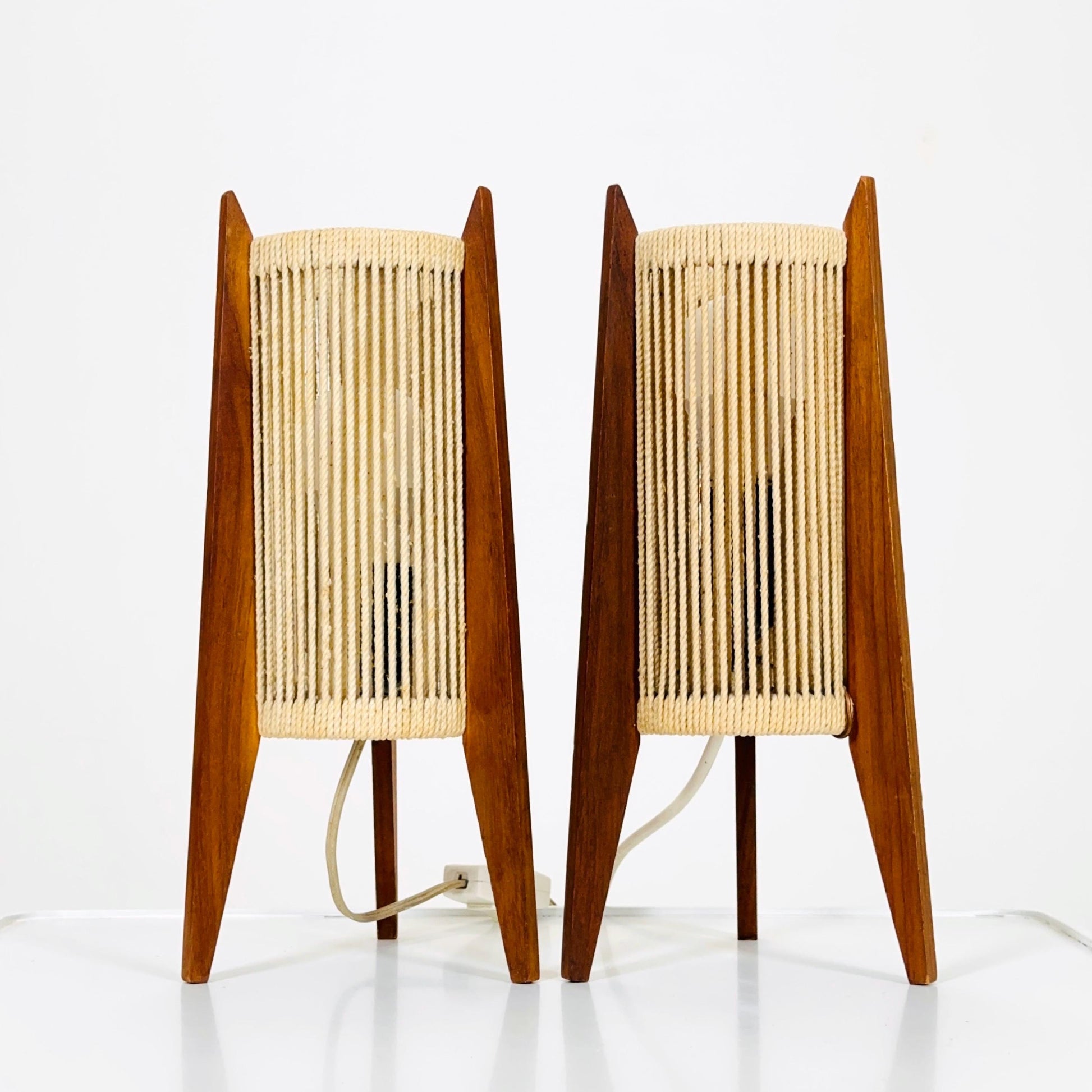 Pair of Mid-Century Danish Teak & Sisal Rocket table Lamps | Sweden 1960s