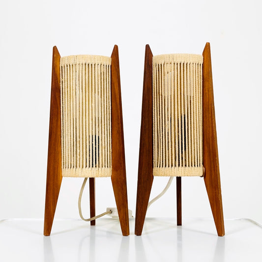 Pair of Mid-Century Danish Teak & Sisal Rocket table Lamps | Sweden 1960s