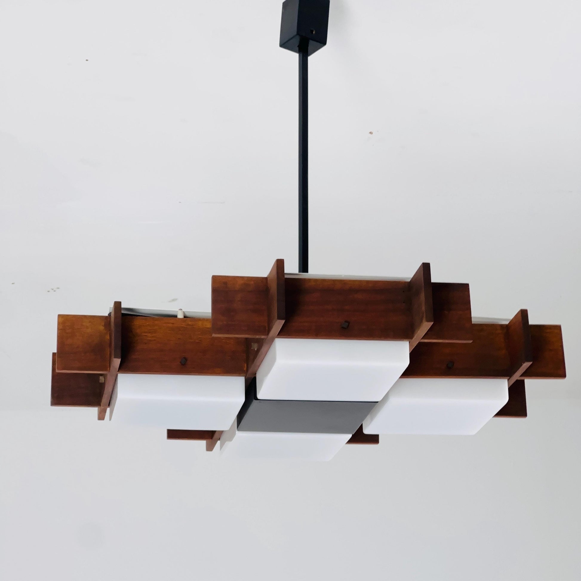 Mid Century Italian Chandelier by Angelo Brotto for Esperia | Teak & Opal Plexiglass Pendant Light | 1960s