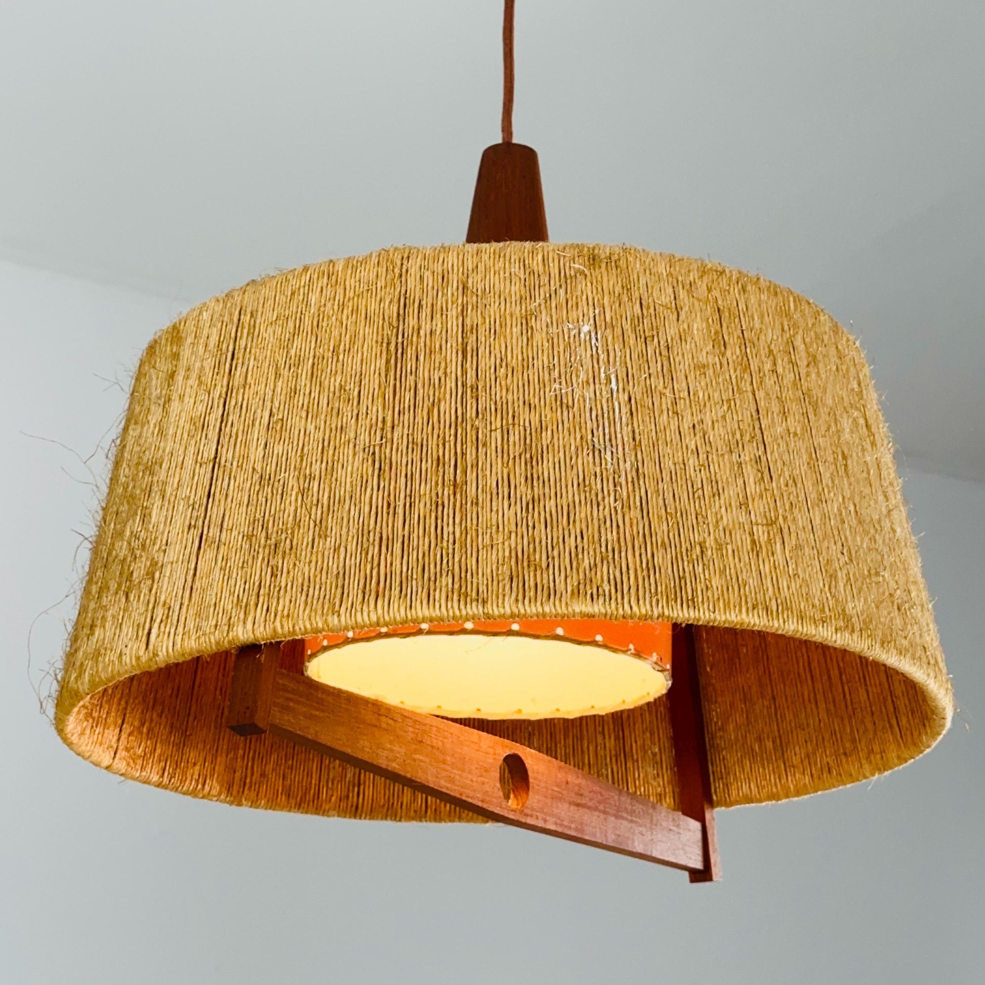 Mid Century Sisal Teak Pendant Lamp by Temde Leuchten, 1960s