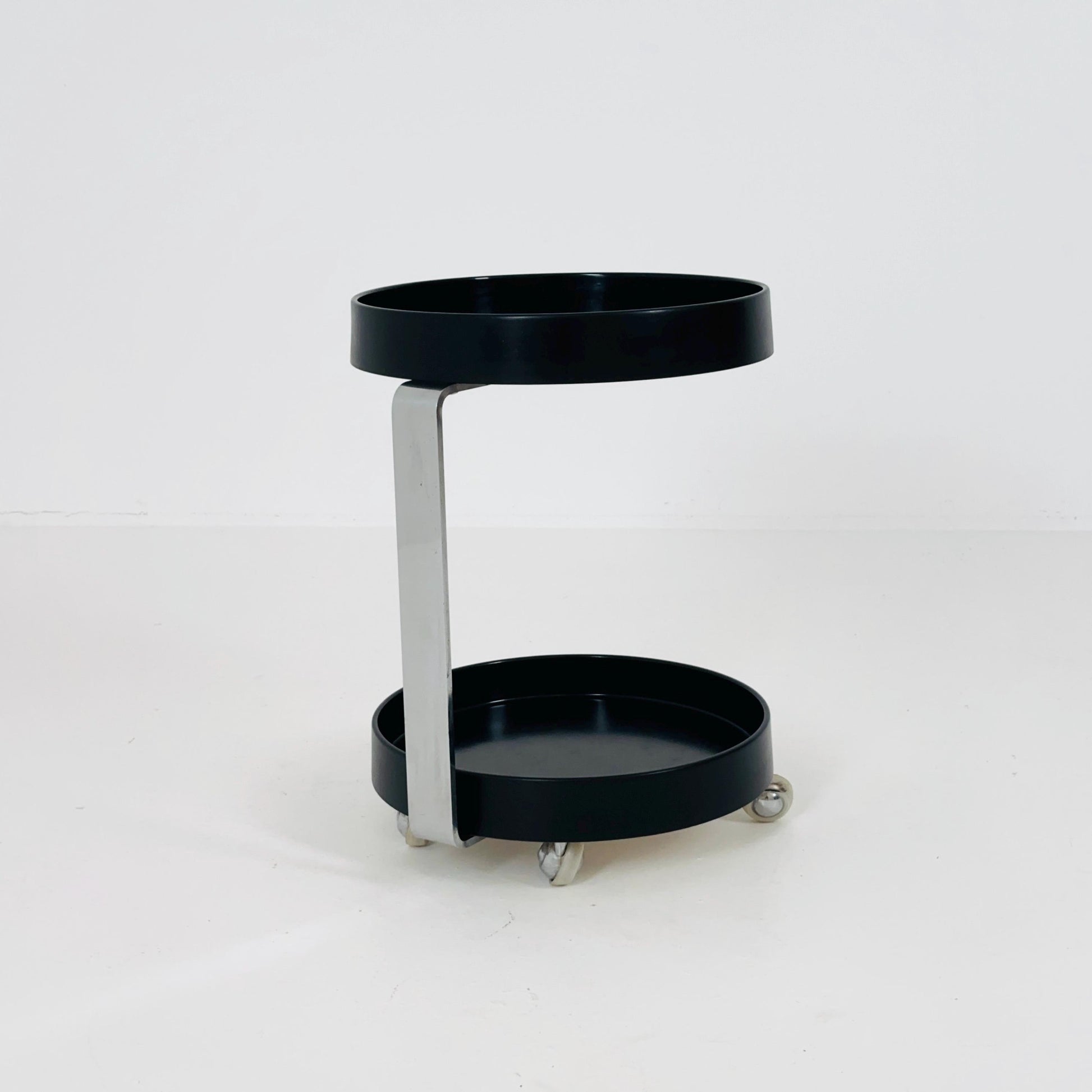 Rare Mid-Century Modern Black Wood & Chrome Round Bar Cart – Germany, 1970s