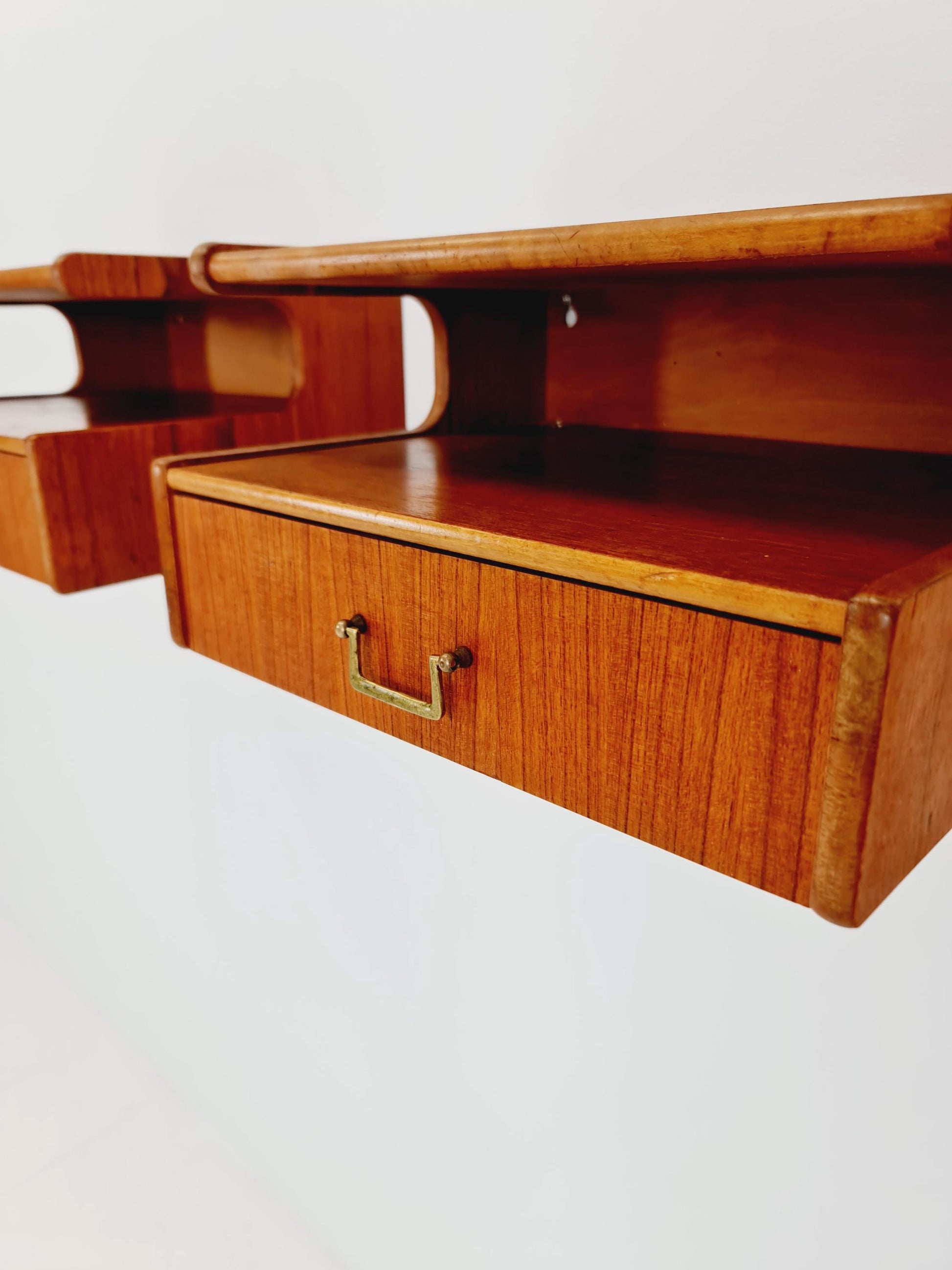 Rare pair of Danish teak floating shelf nightstands, 1960s