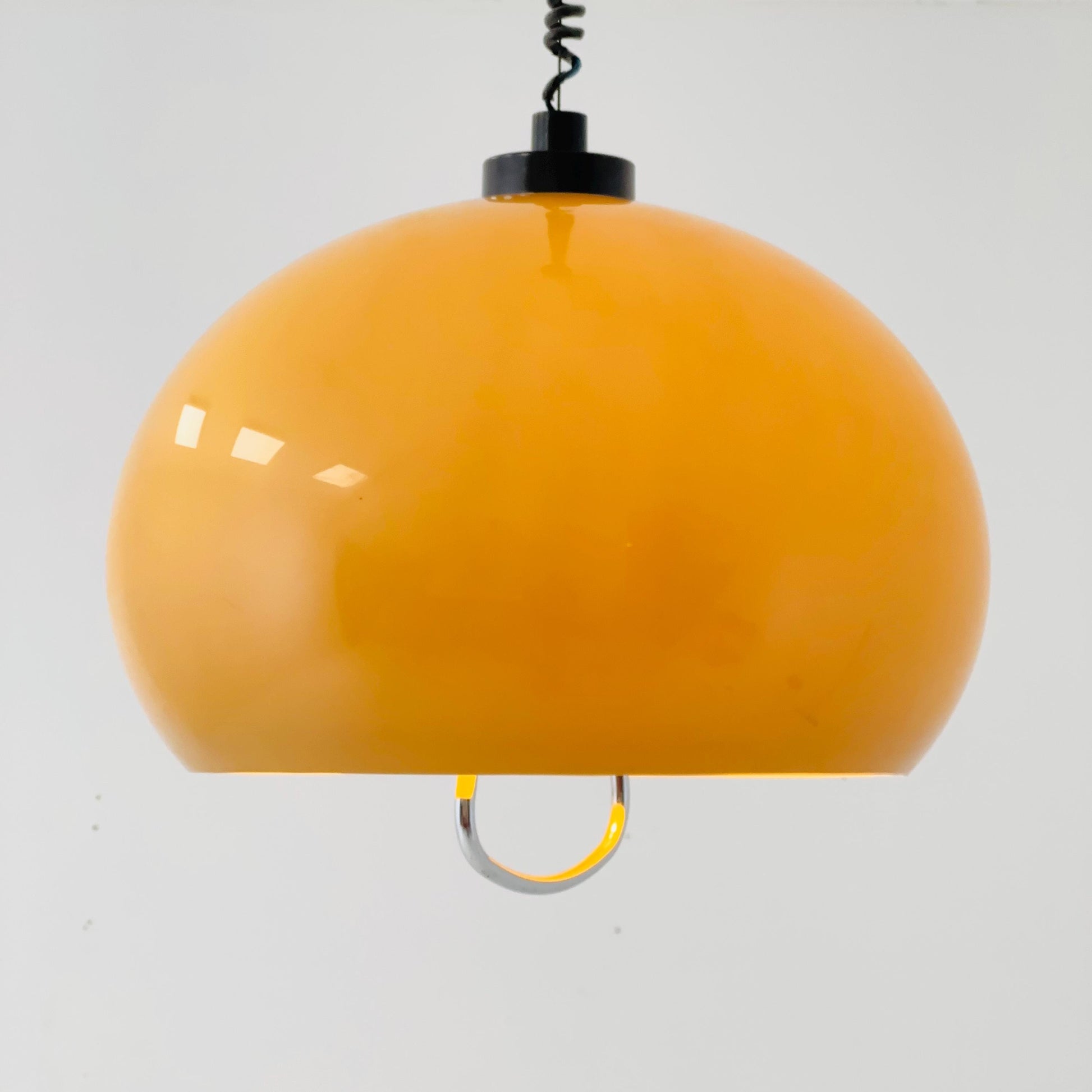 Mid century Harvey Guzzini Pendant Lamp, 1970s Italian Mid-Century Modern Dome Light in Caramel orange”