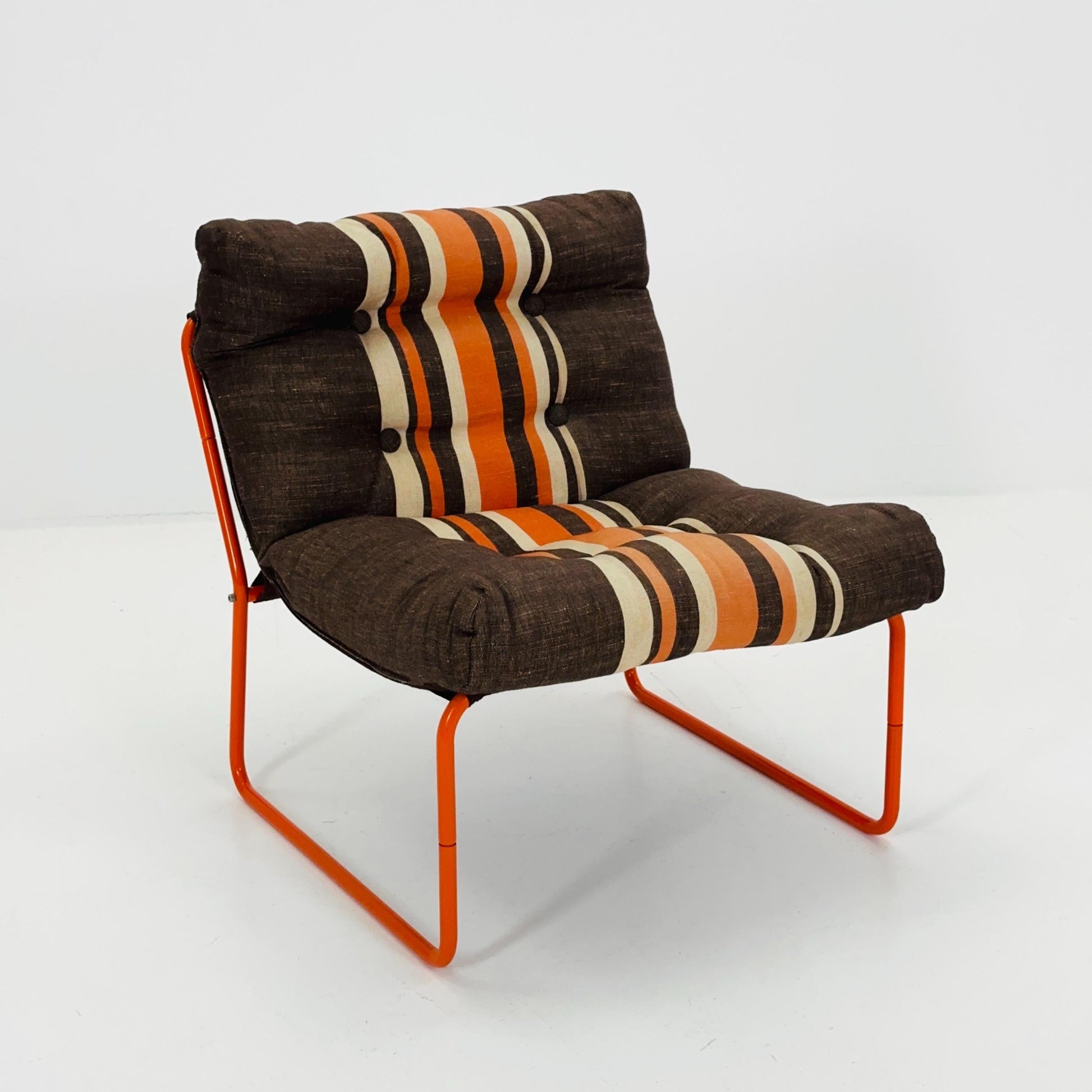 Mid-Century Pixi Lounge Chair by Gillis Lundgren for IKEA, 1970s – Retro Brown & Orange Striped Chair with Tubular Frame