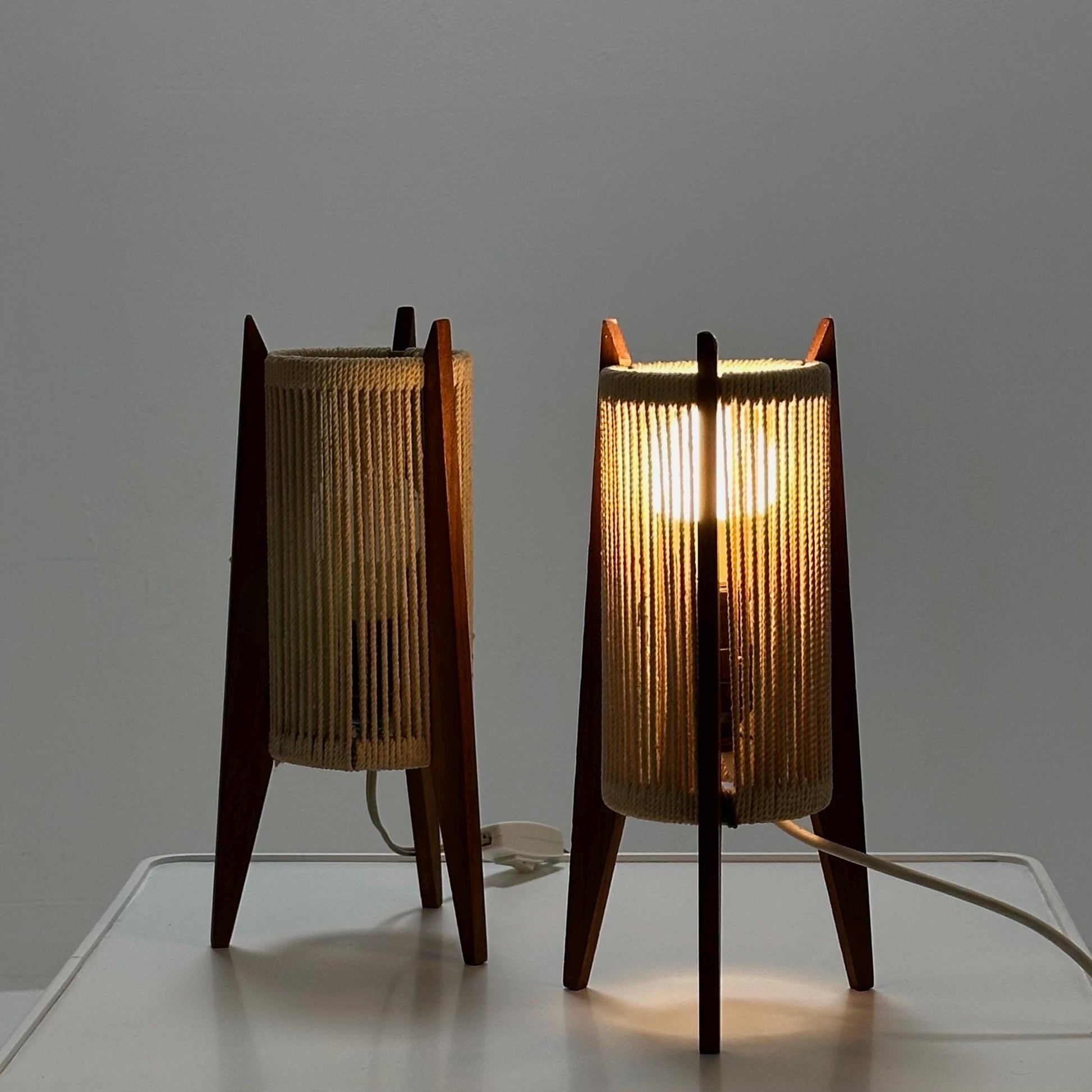 Pair of Mid-Century Danish Teak & Sisal Rocket table Lamps | Sweden 1960s