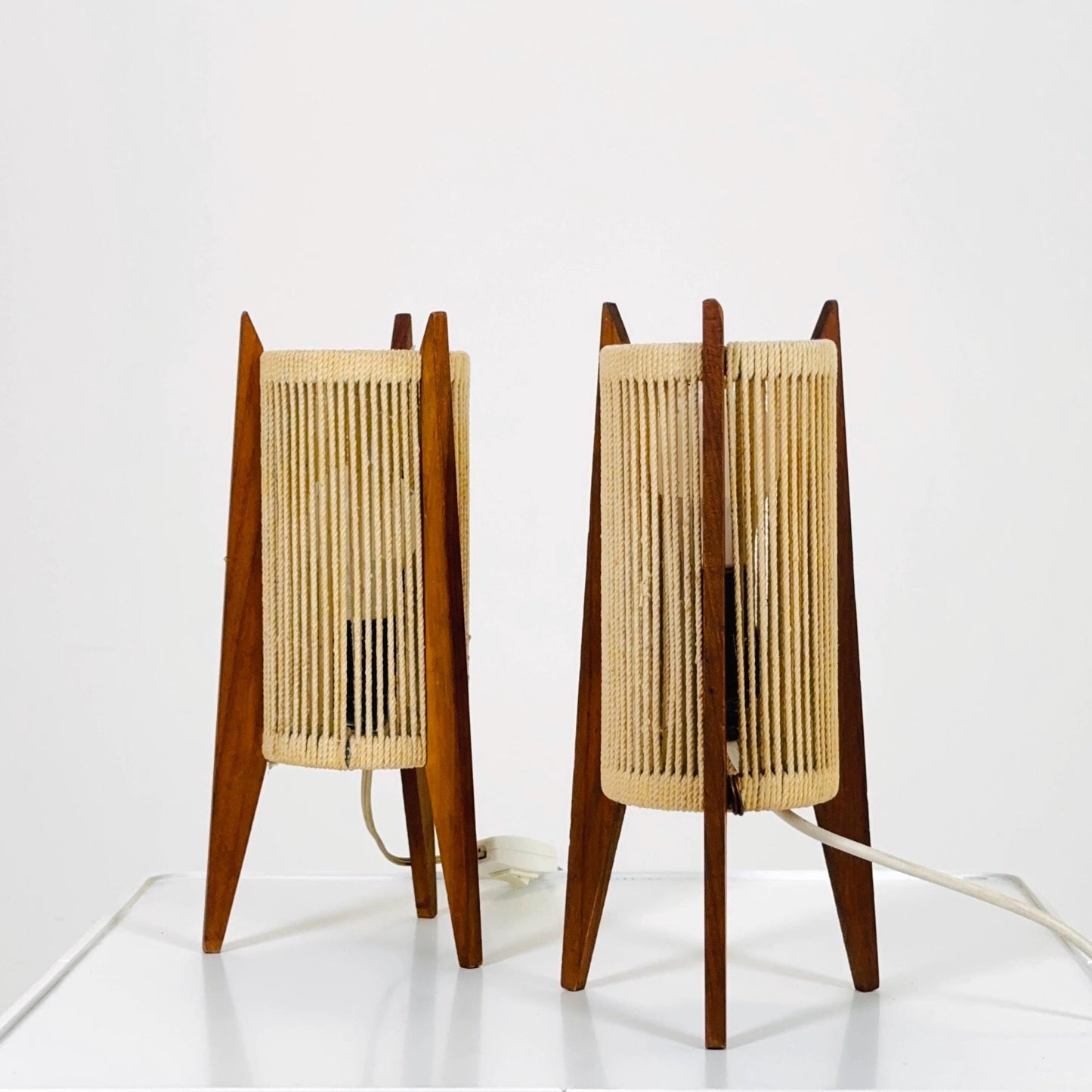 Pair of Mid-Century Danish Teak & Sisal Rocket table Lamps | Sweden 1960s