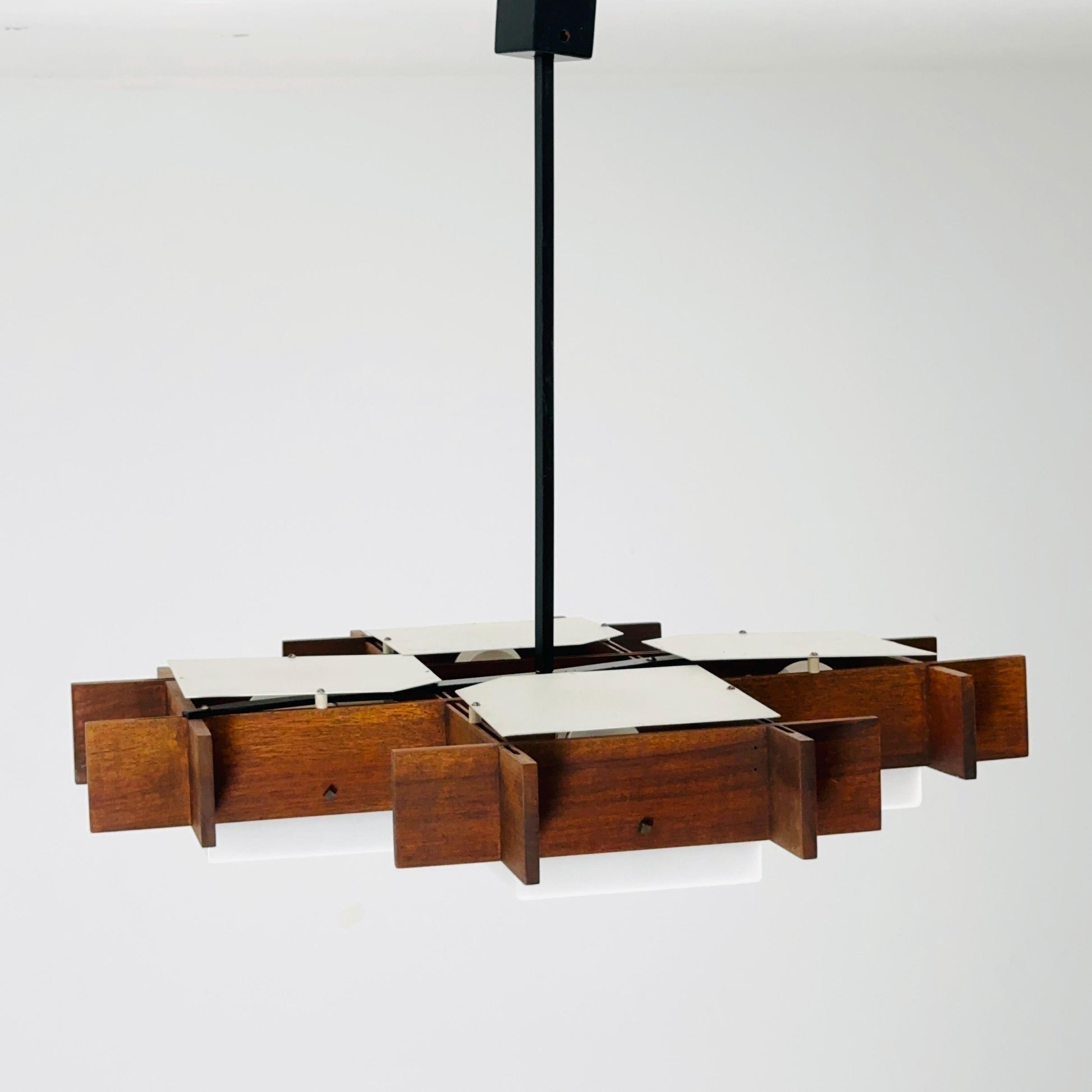 Mid Century Italian Chandelier by Angelo Brotto for Esperia | Teak & Opal Plexiglass Pendant Light | 1960s