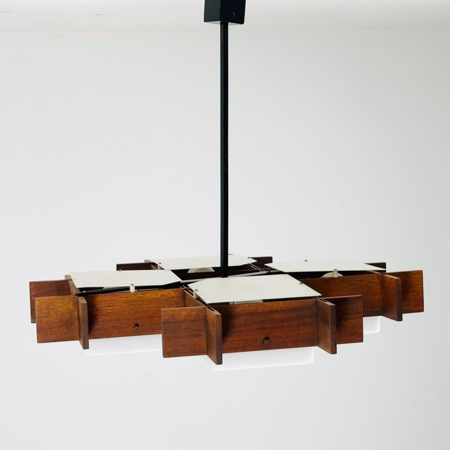 Mid Century Italian Chandelier by Angelo Brotto for Esperia | Teak & Opal Plexiglass Pendant Light | 1960s