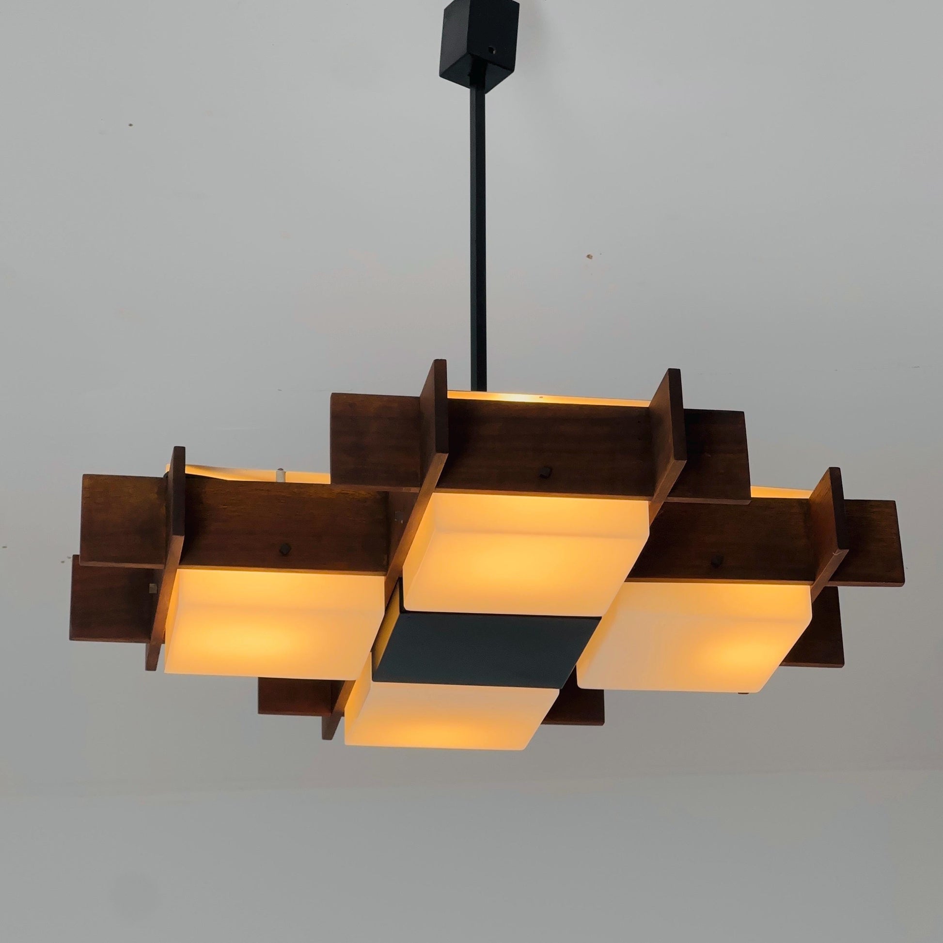 Mid Century Italian Chandelier by Angelo Brotto for Esperia | Teak & Opal Plexiglass Pendant Light | 1960s