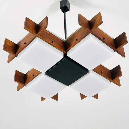 Mid Century Italian Chandelier by Angelo Brotto for Esperia | Teak & Opal Plexiglass Pendant Light | 1960s