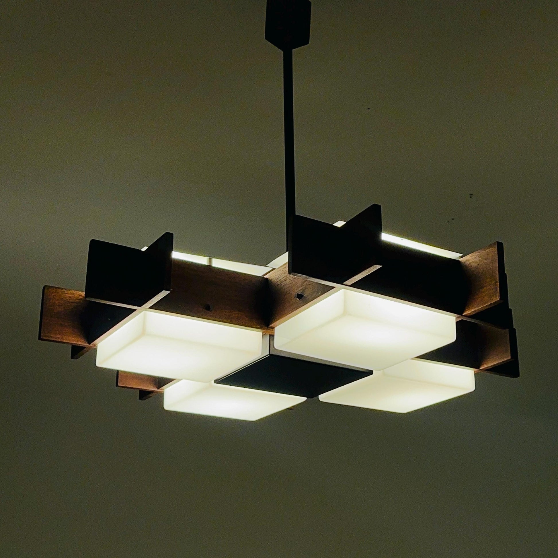 Mid Century Italian Chandelier by Angelo Brotto for Esperia | Teak & Opal Plexiglass Pendant Light | 1960s