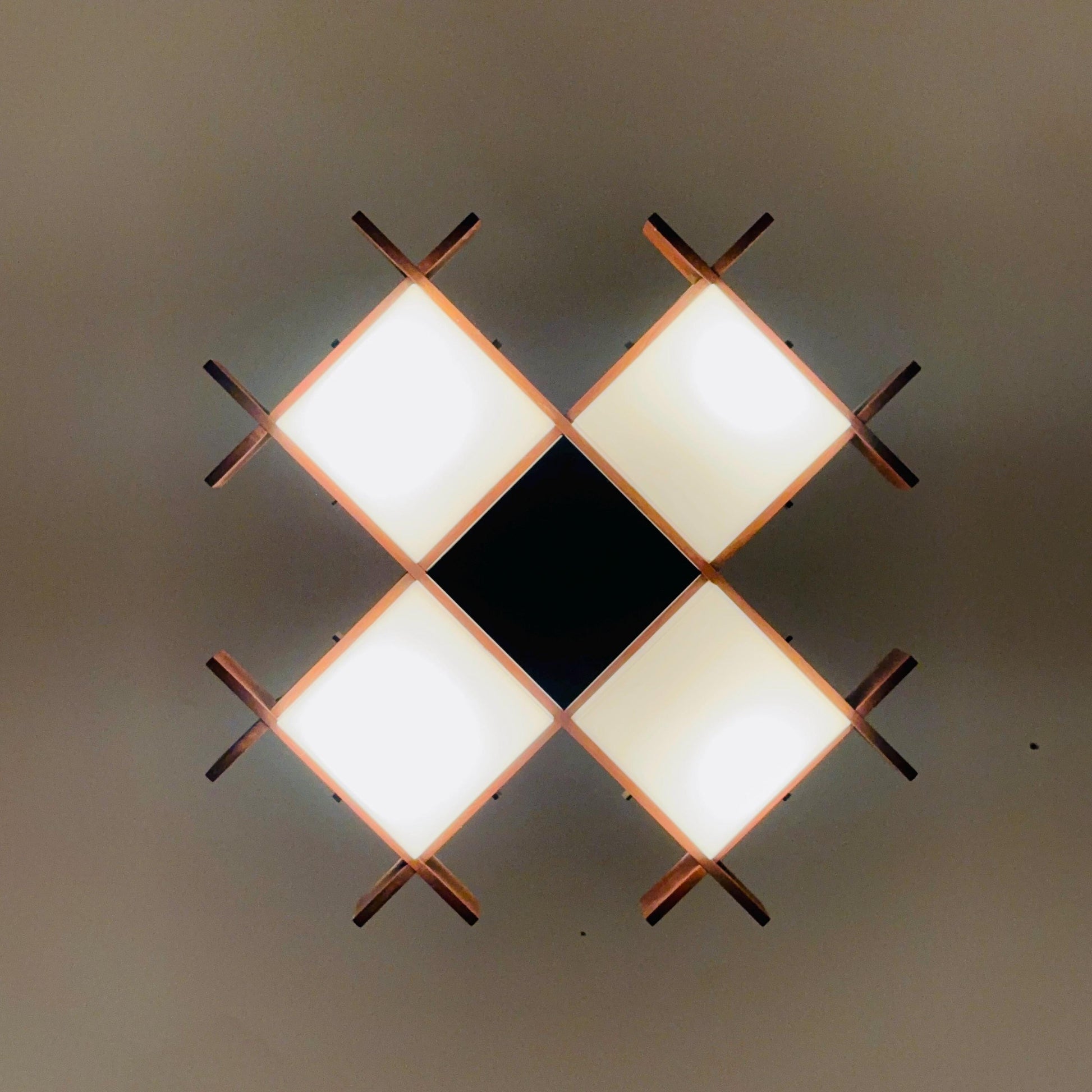 Mid Century Italian Chandelier by Angelo Brotto for Esperia | Teak & Opal Plexiglass Pendant Light | 1960s