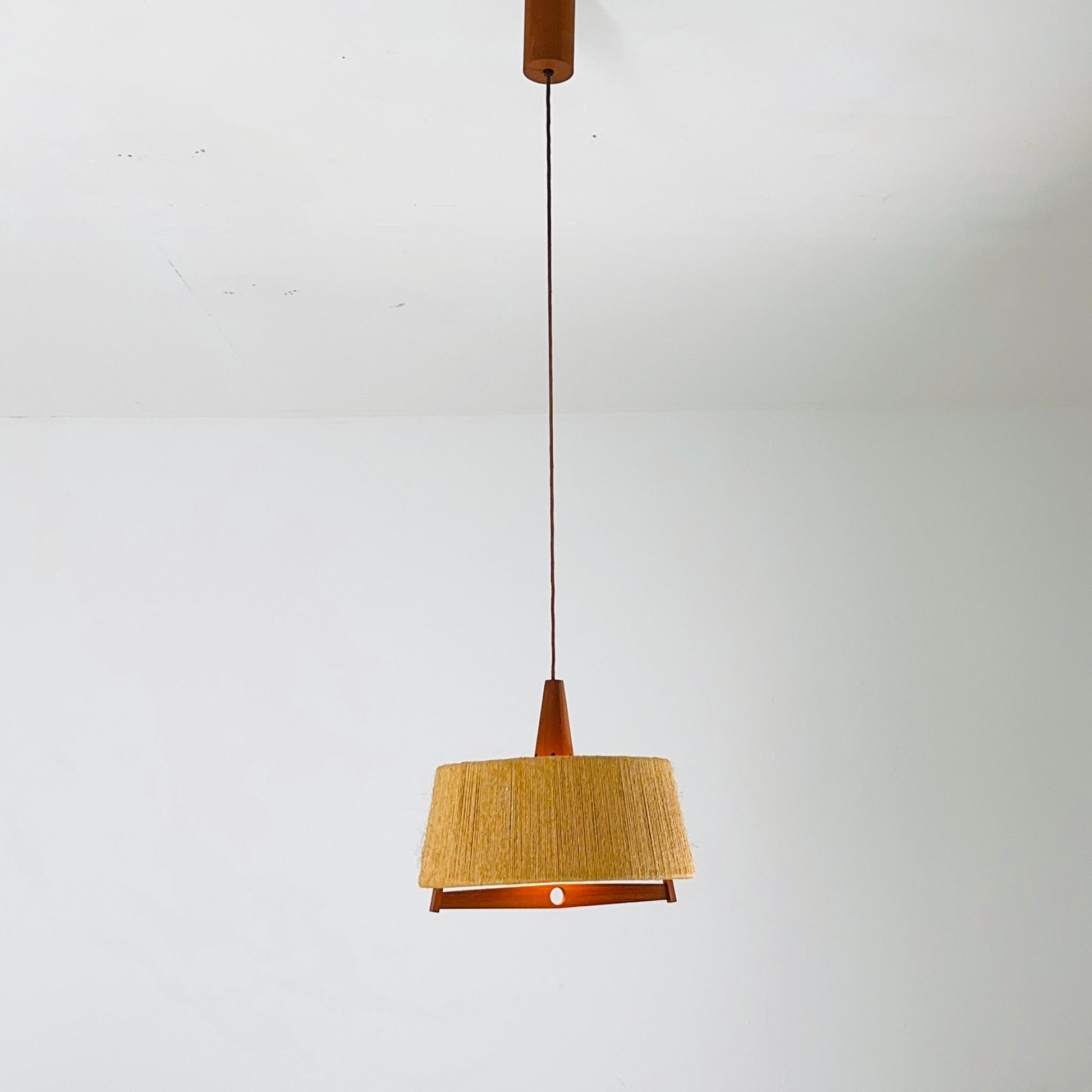 Mid Century Sisal Teak Pendant Lamp by Temde Leuchten, 1960s