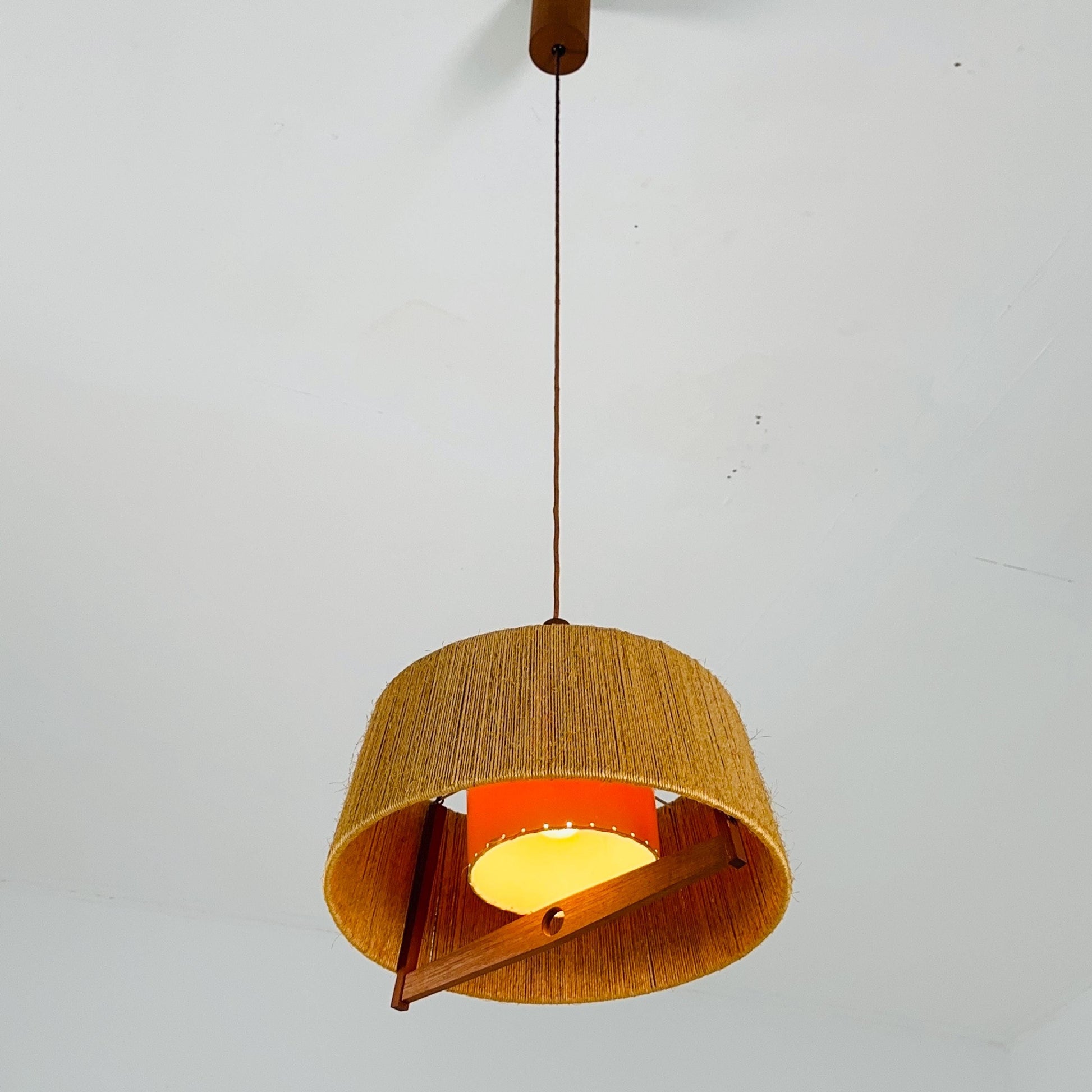 Mid Century Sisal Teak Pendant Lamp by Temde Leuchten, 1960s