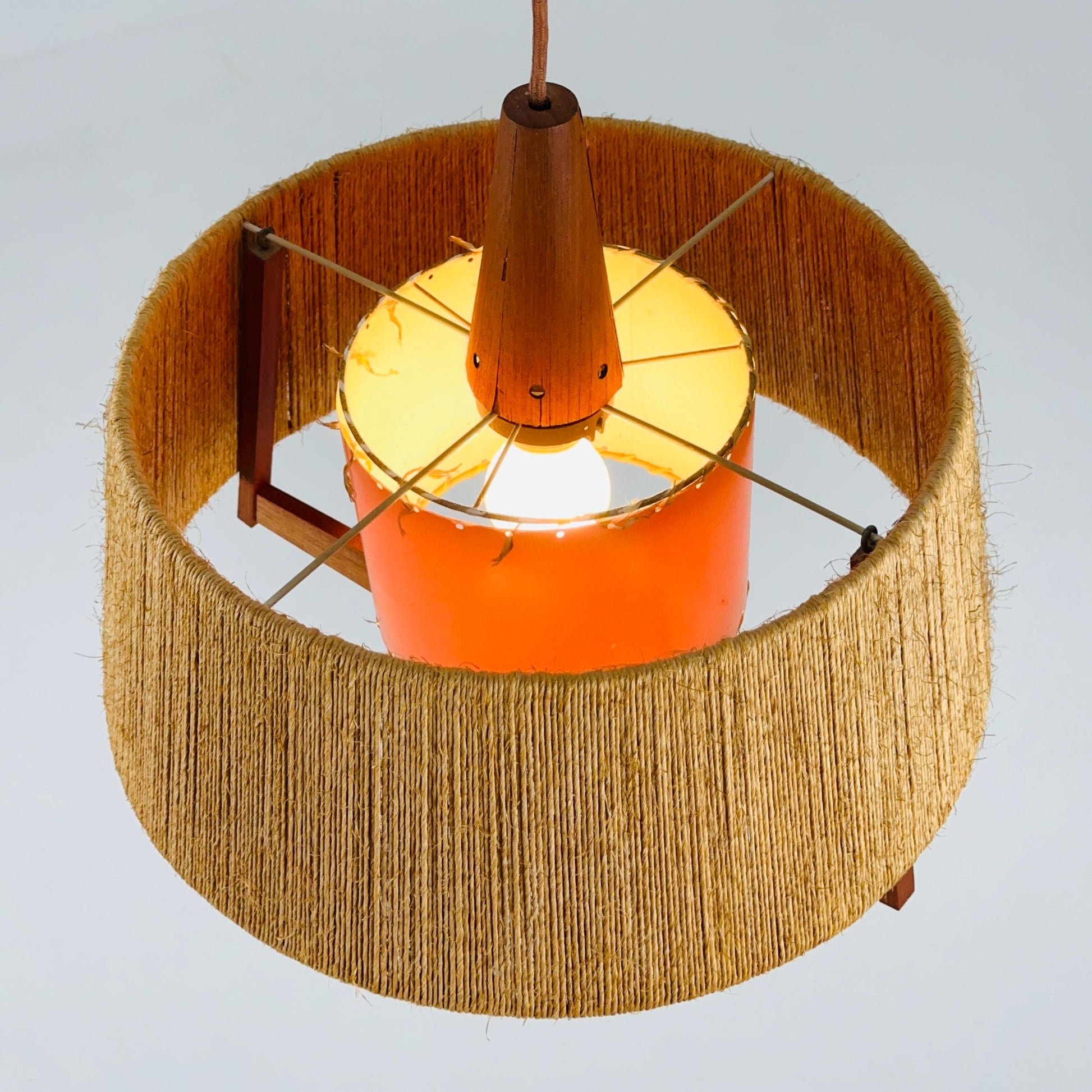 Mid Century Sisal Teak Pendant Lamp by Temde Leuchten, 1960s