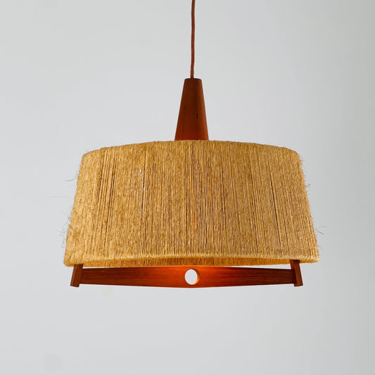 Mid Century Sisal Teak Pendant Lamp by Temde Leuchten, 1960s