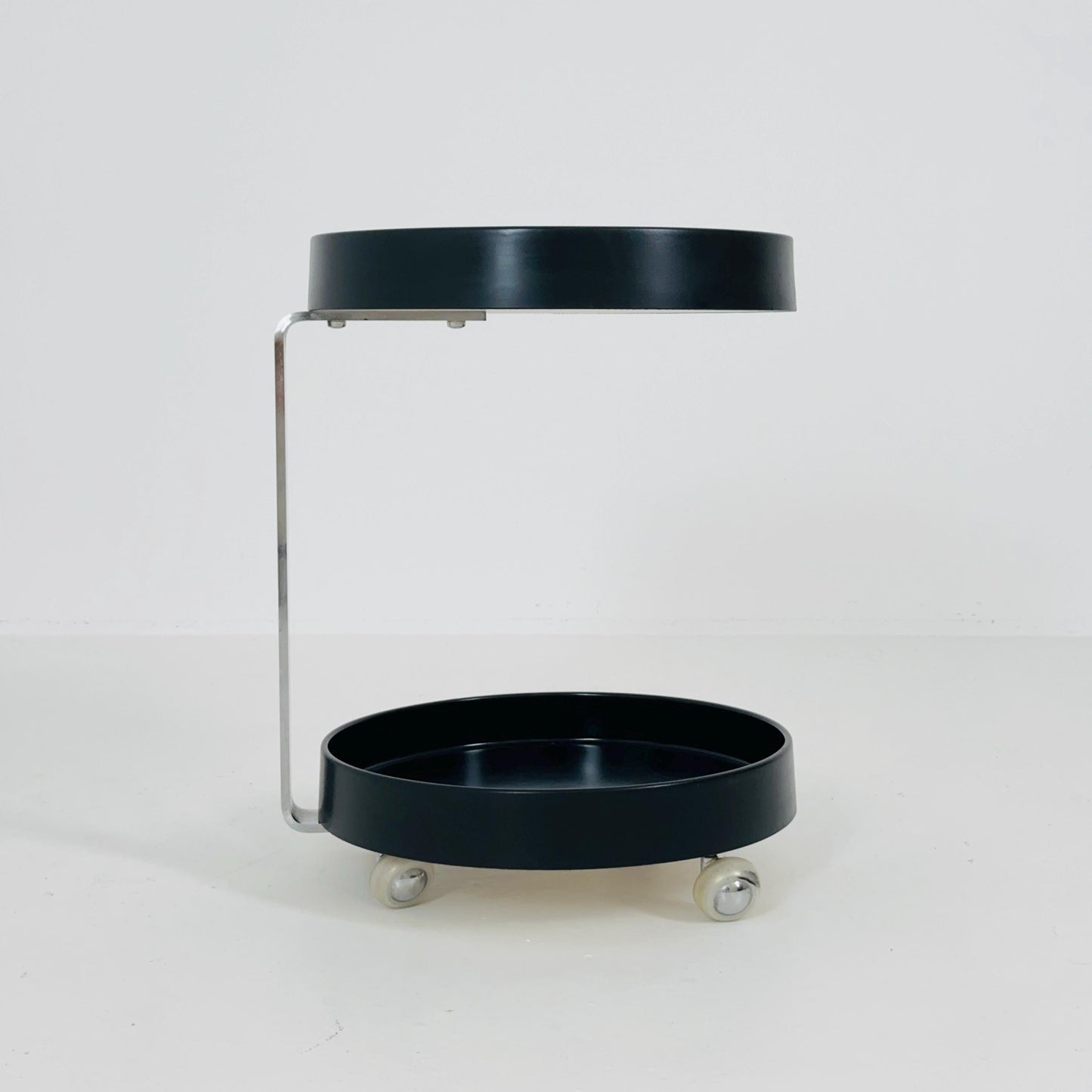 Rare Mid-Century Modern Black Wood & Chrome Round Bar Cart – Germany, 1970s
