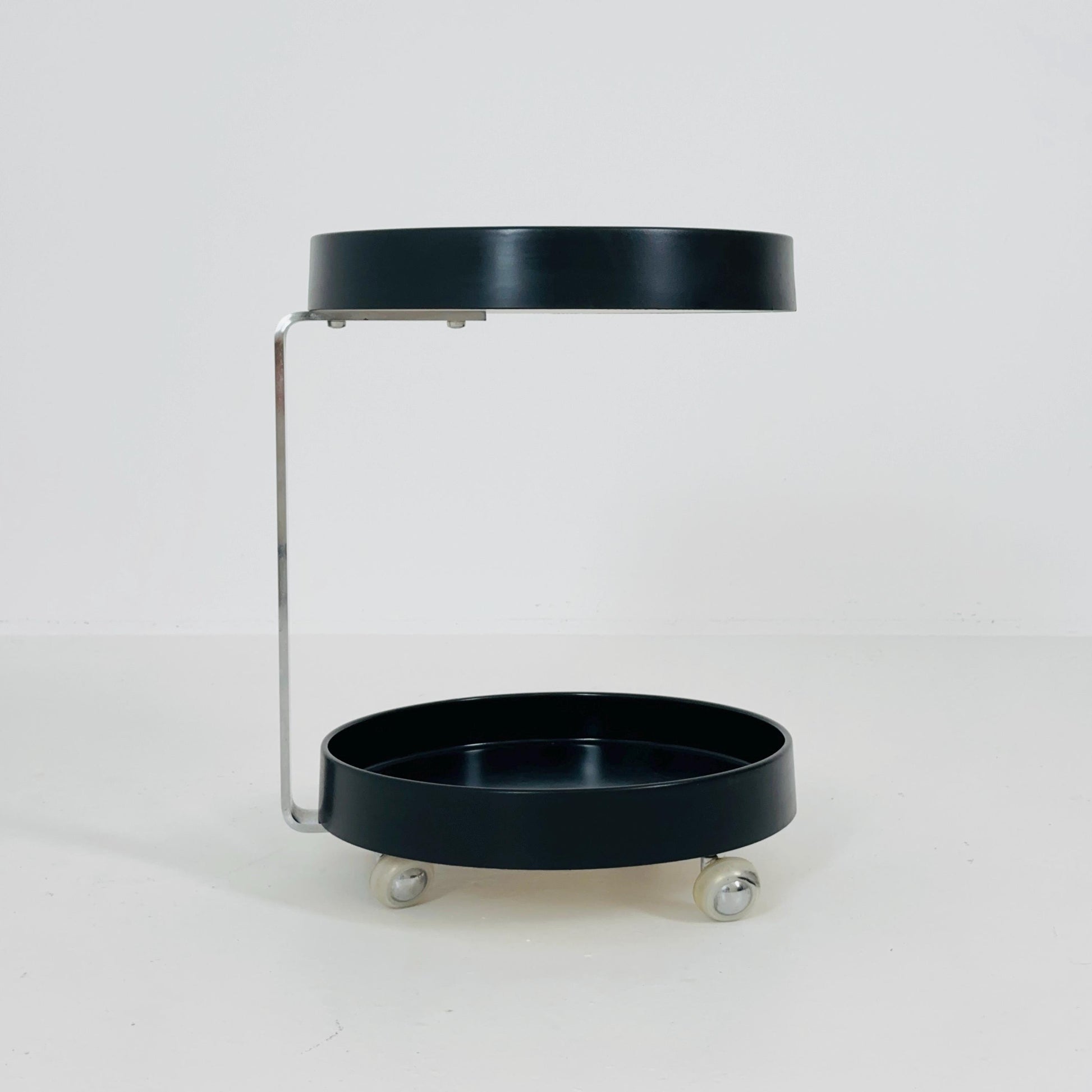 Rare Mid-Century Modern Black Wood & Chrome Round Bar Cart – Germany, 1970s