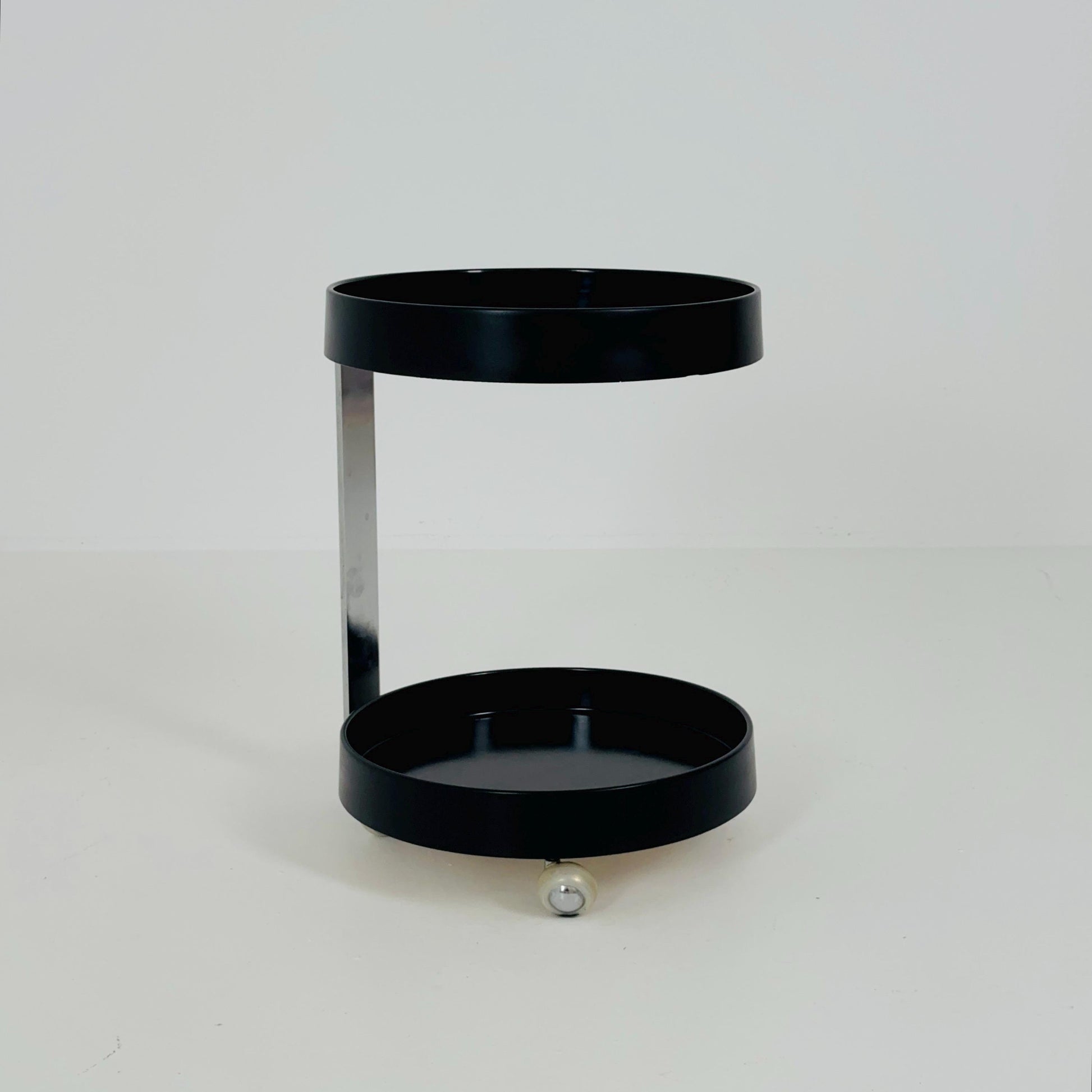 Rare Mid-Century Modern Black Wood & Chrome Round Bar Cart – Germany, 1970s
