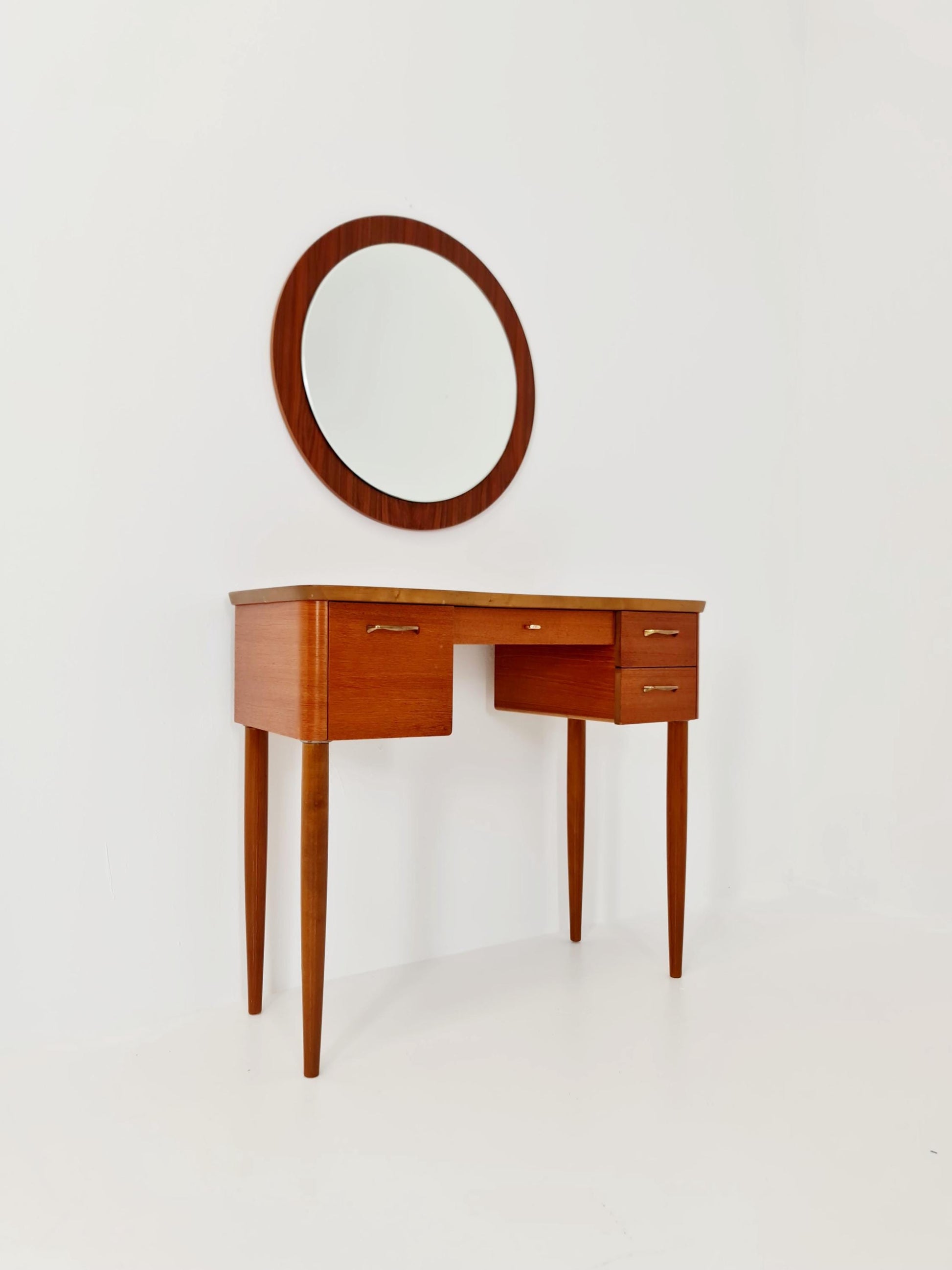 Mid Century Modern Danish Teak vanity table make up table with round wall mirror by Fröseke for AB nybrofabriken, 1960s