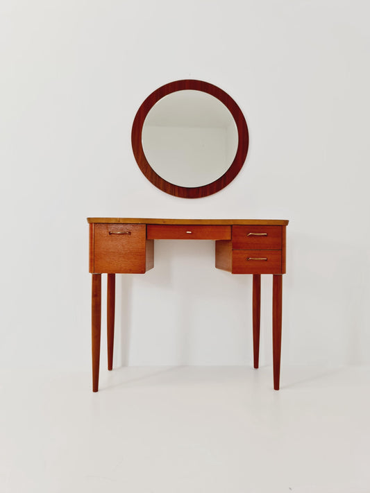 Mid Century Modern Danish Teak vanity table make up table with round wall mirror by Fröseke for AB nybrofabriken, 1960s