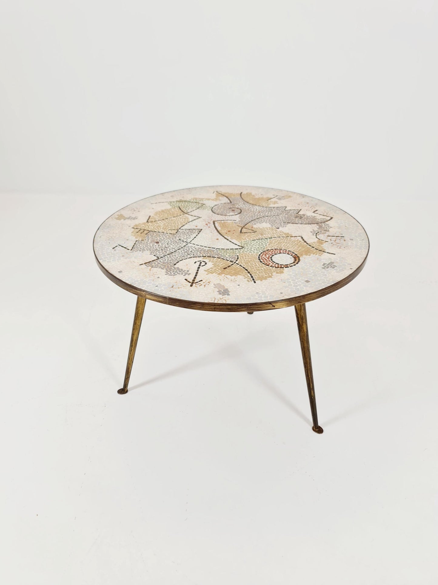 Unique round mosaic & solid brass coffe table from the 50s by Berthold Müller