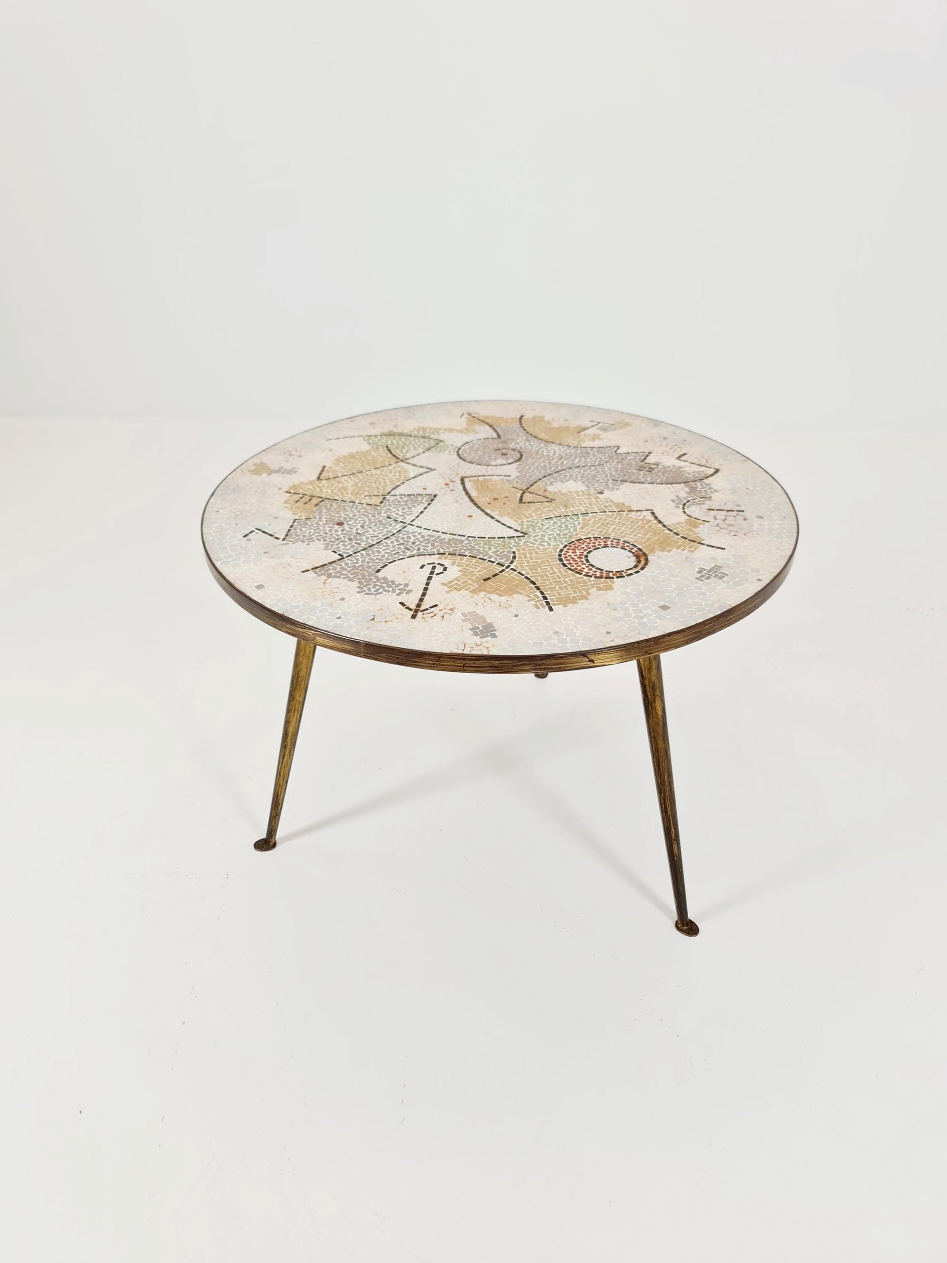 Unique round mosaic & solid brass coffe table from the 50s by Berthold Müller