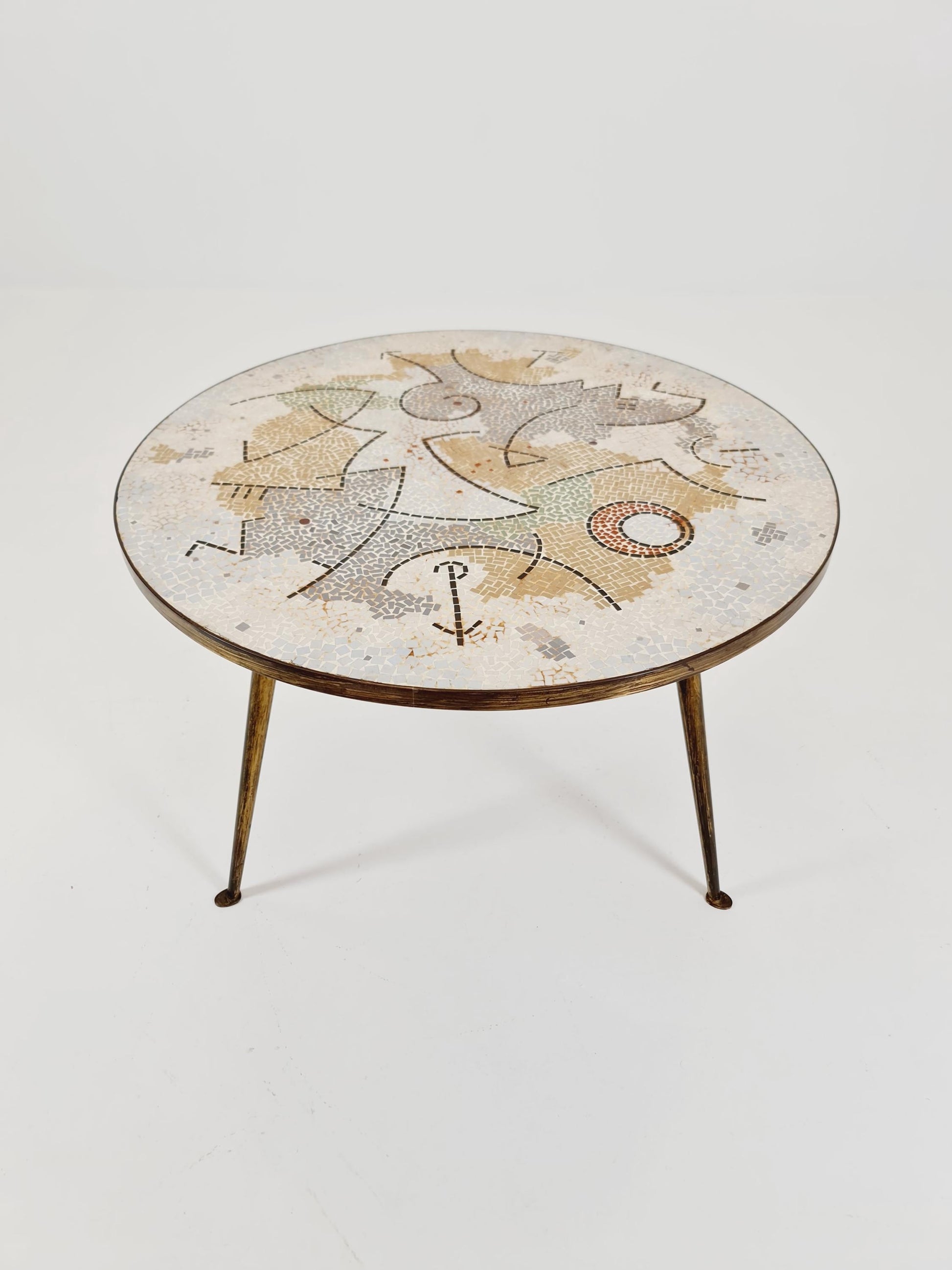Unique round mosaic & solid brass coffe table from the 50s by Berthold Müller