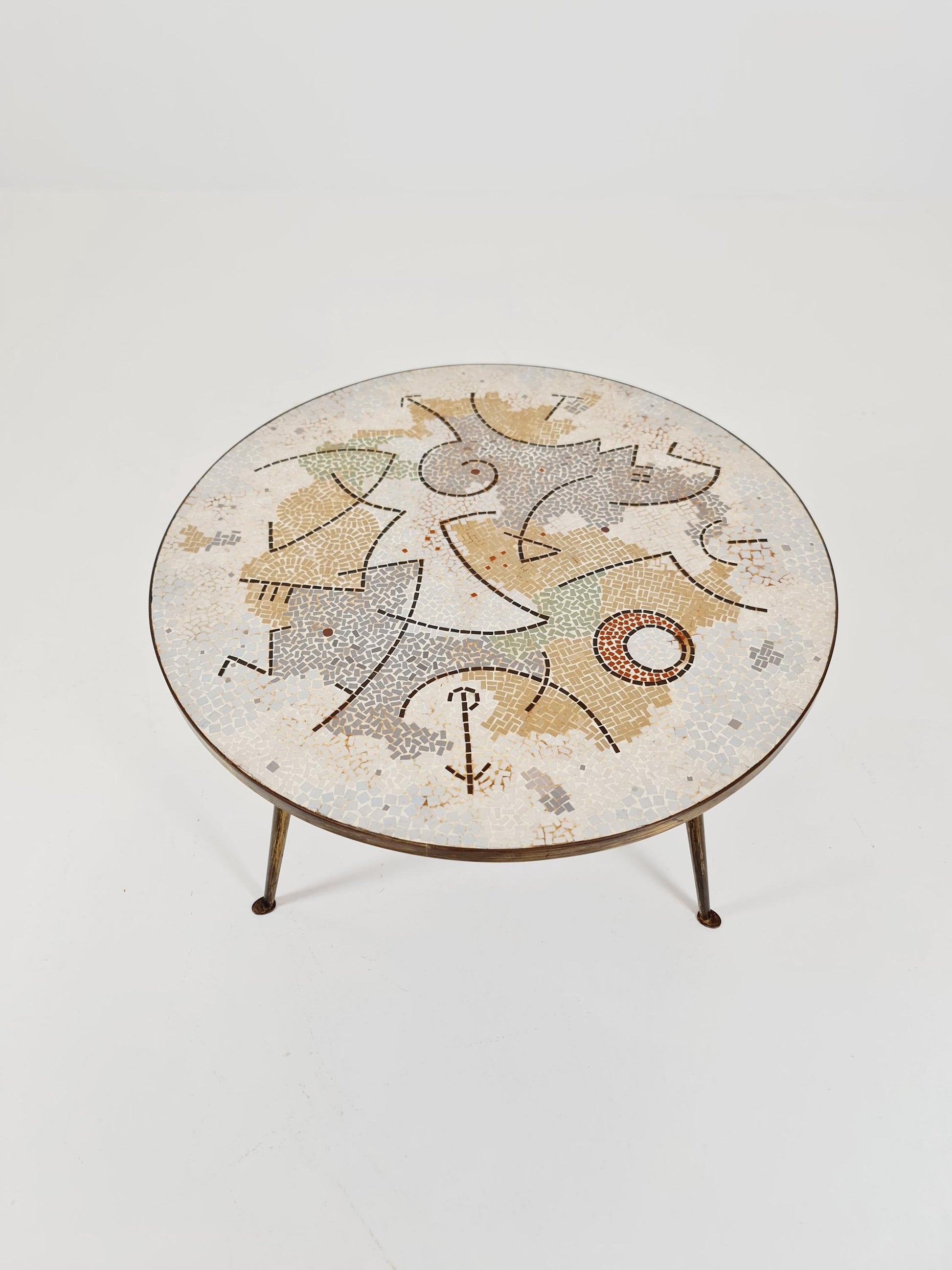 Unique round mosaic & solid brass coffe table from the 50s by Berthold Müller