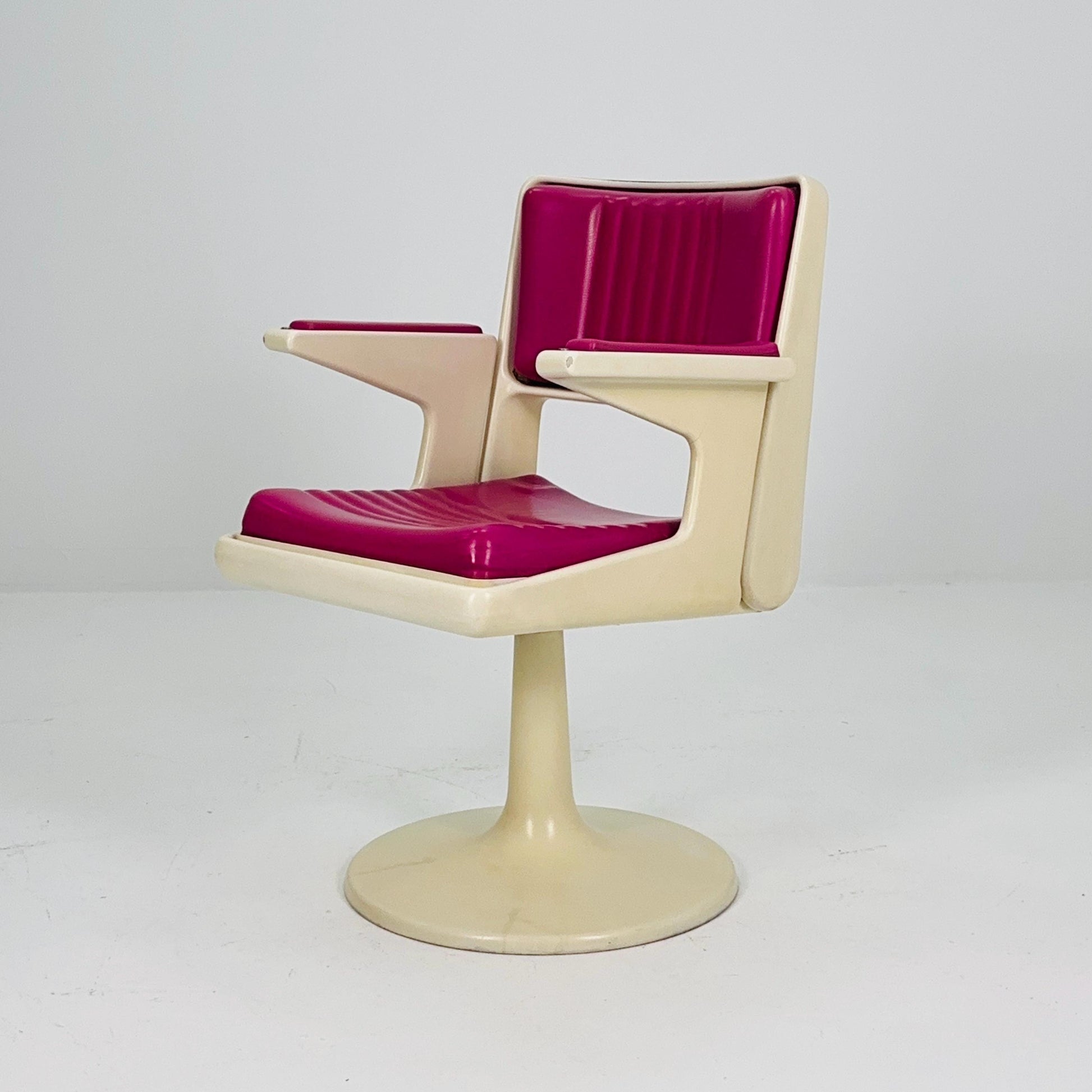 Rare Mid-Century Space Age Swivel Armchair – White & Purple Plastic Faux Leather Desk or Barber Chair – Tulip Base, 1970s
