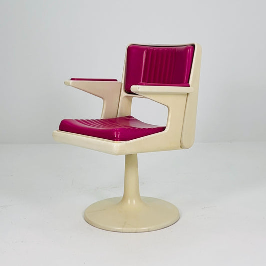 Rare Mid-Century Space Age Swivel Armchair – White & Purple Plastic Faux Leather Desk or Barber Chair – Tulip Base, 1970s