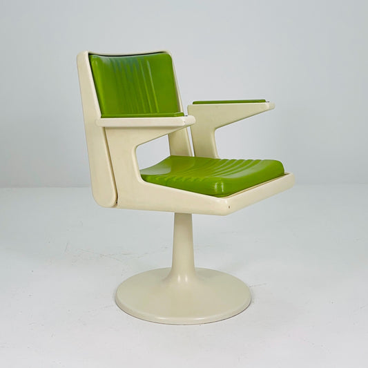 Rare Mid-Century Space Age Swivel Armchair – White & Green Plastic Faux Leather Desk or Barber Chair – Tulip Base, 1970s